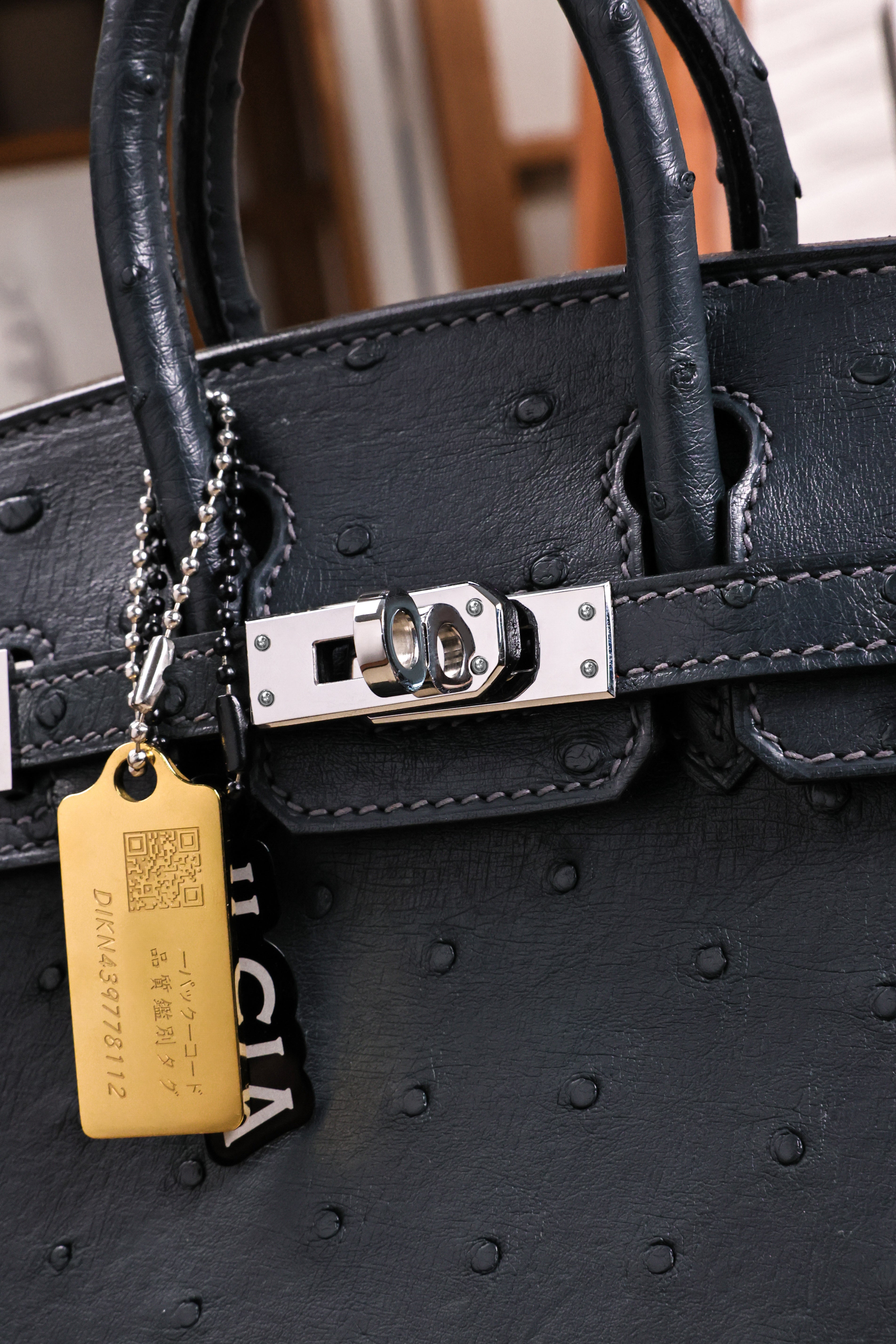 BK-2024 All Handmade Golden Hardware Graphite ostrich leather