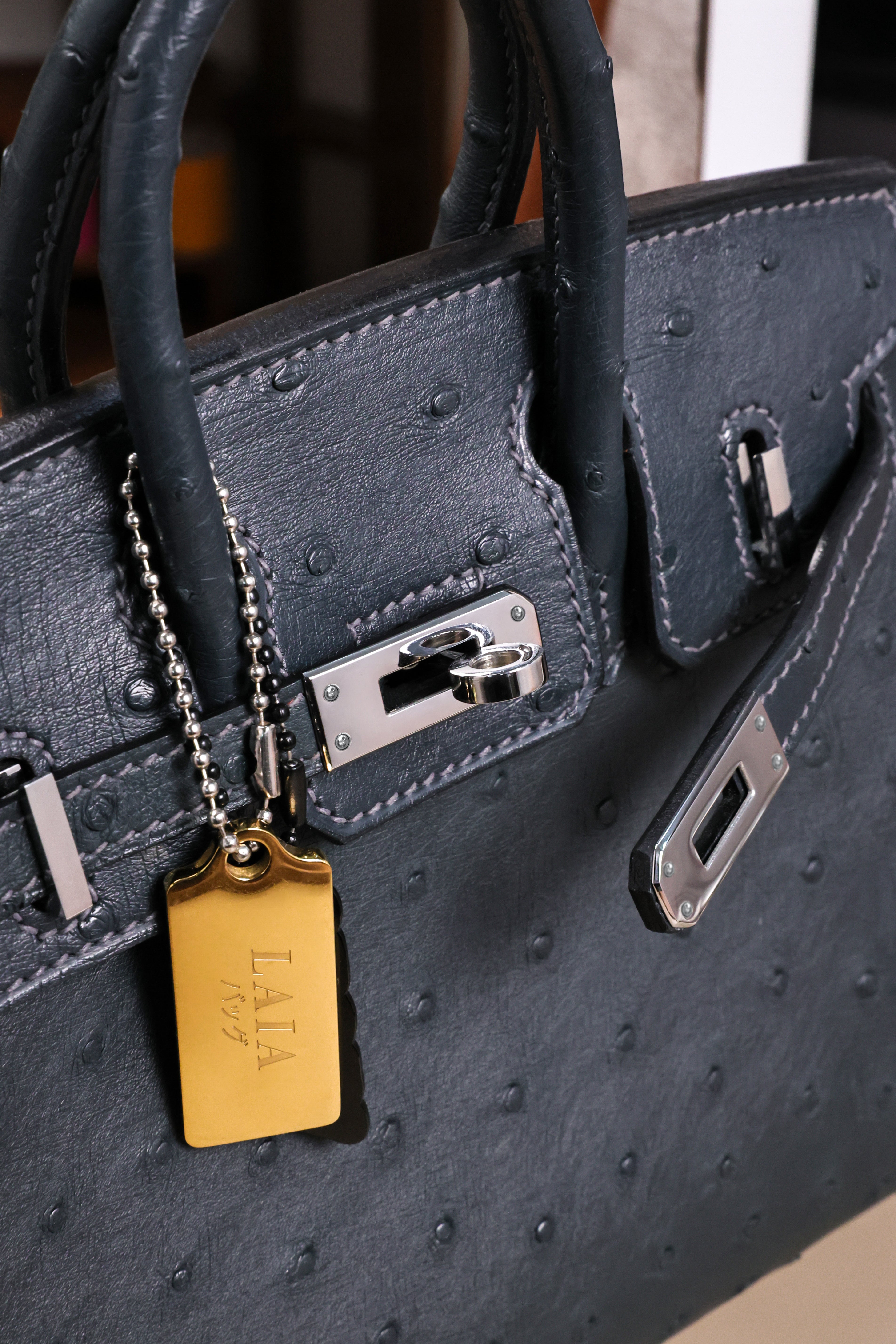 BK-2024 All Handmade Golden Hardware Graphite ostrich leather