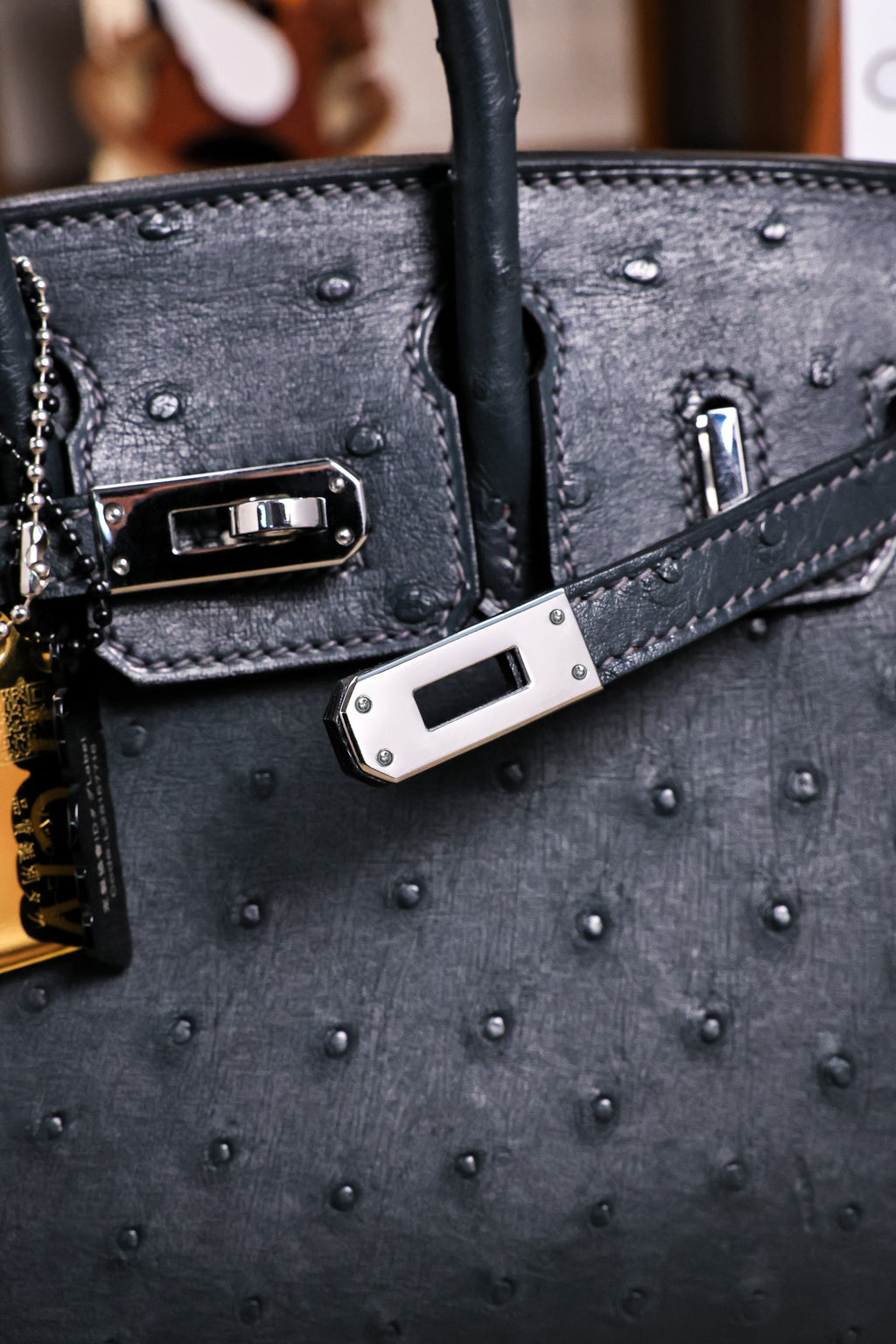 BK-2024 All Handmade Golden Hardware Graphite ostrich leather