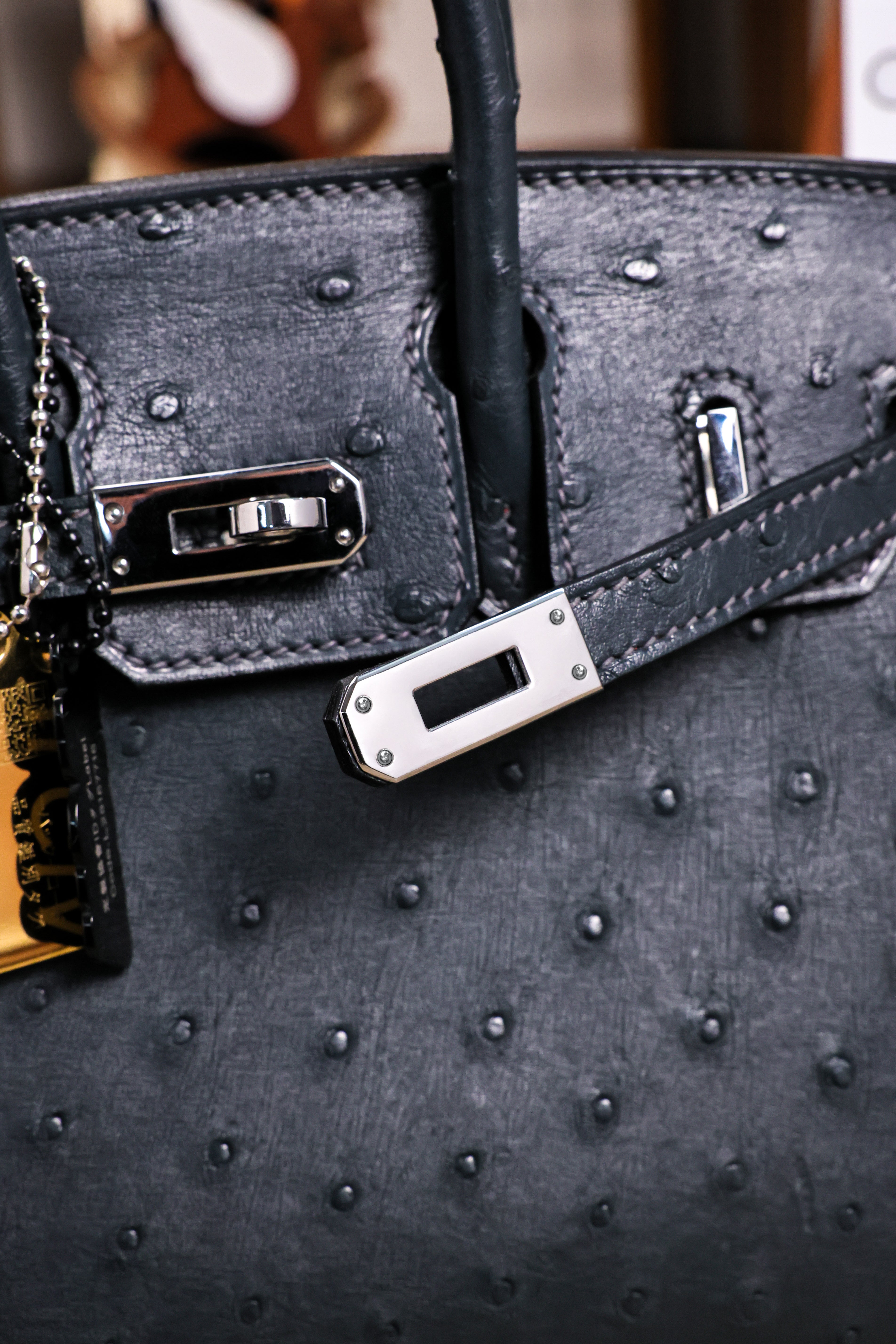 BK-2024 All Handmade Golden Hardware Graphite ostrich leather