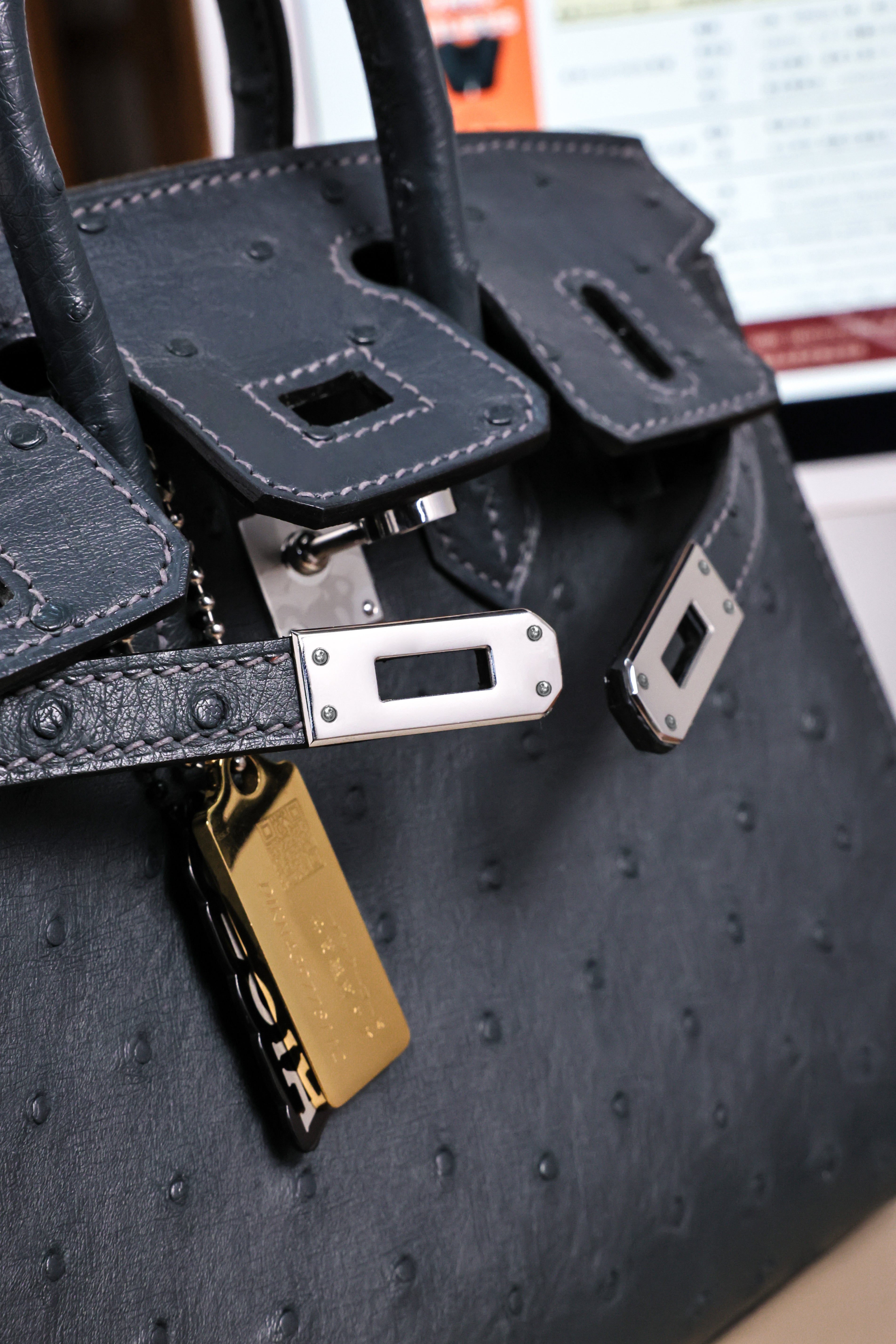 BK-2024 All Handmade Golden Hardware Graphite ostrich leather