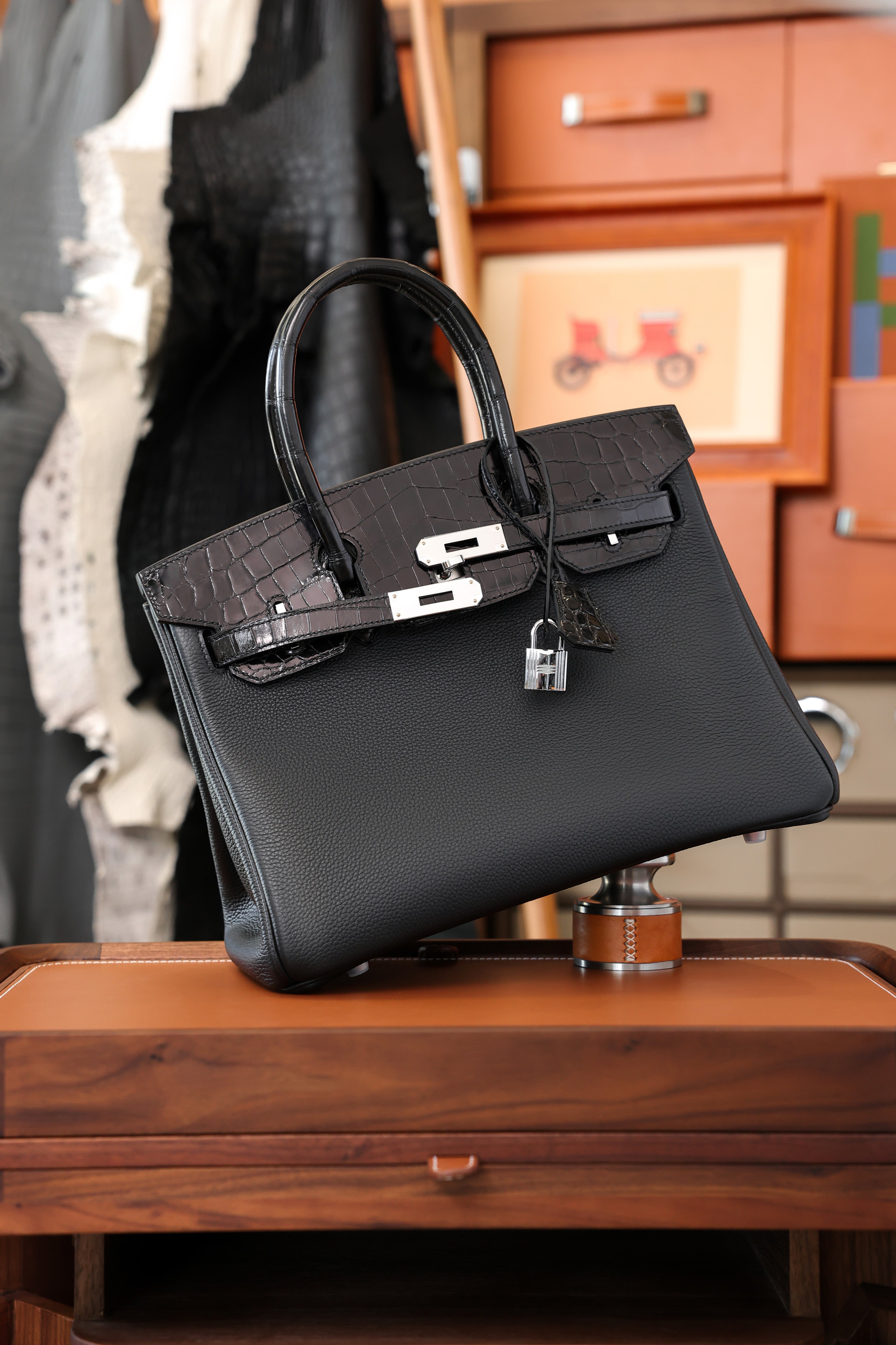 Birkin- All Handmade Golden / Sliver Noir Crocodile/togo leather