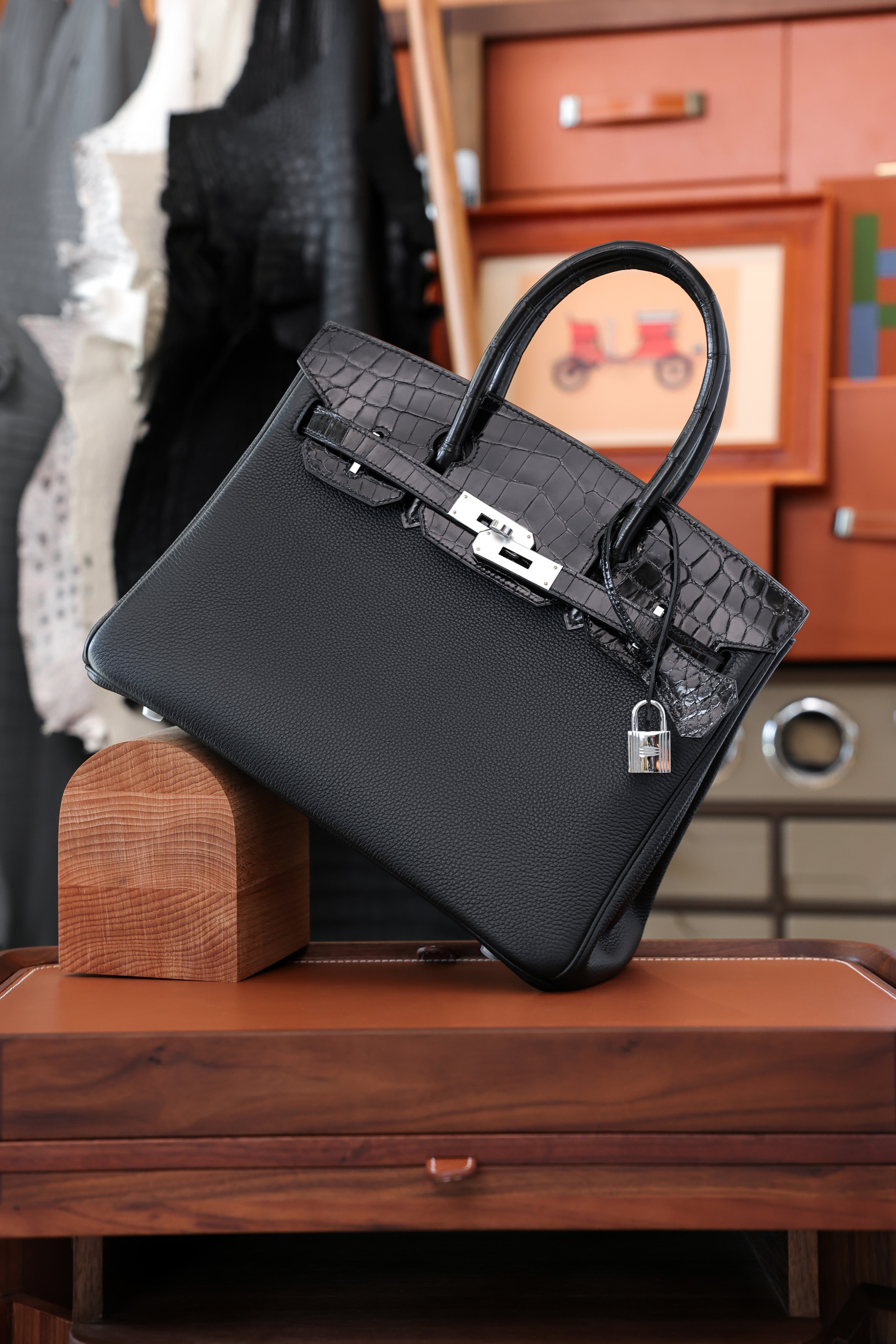 Birkin- All Handmade Golden / Sliver Noir Crocodile/togo leather