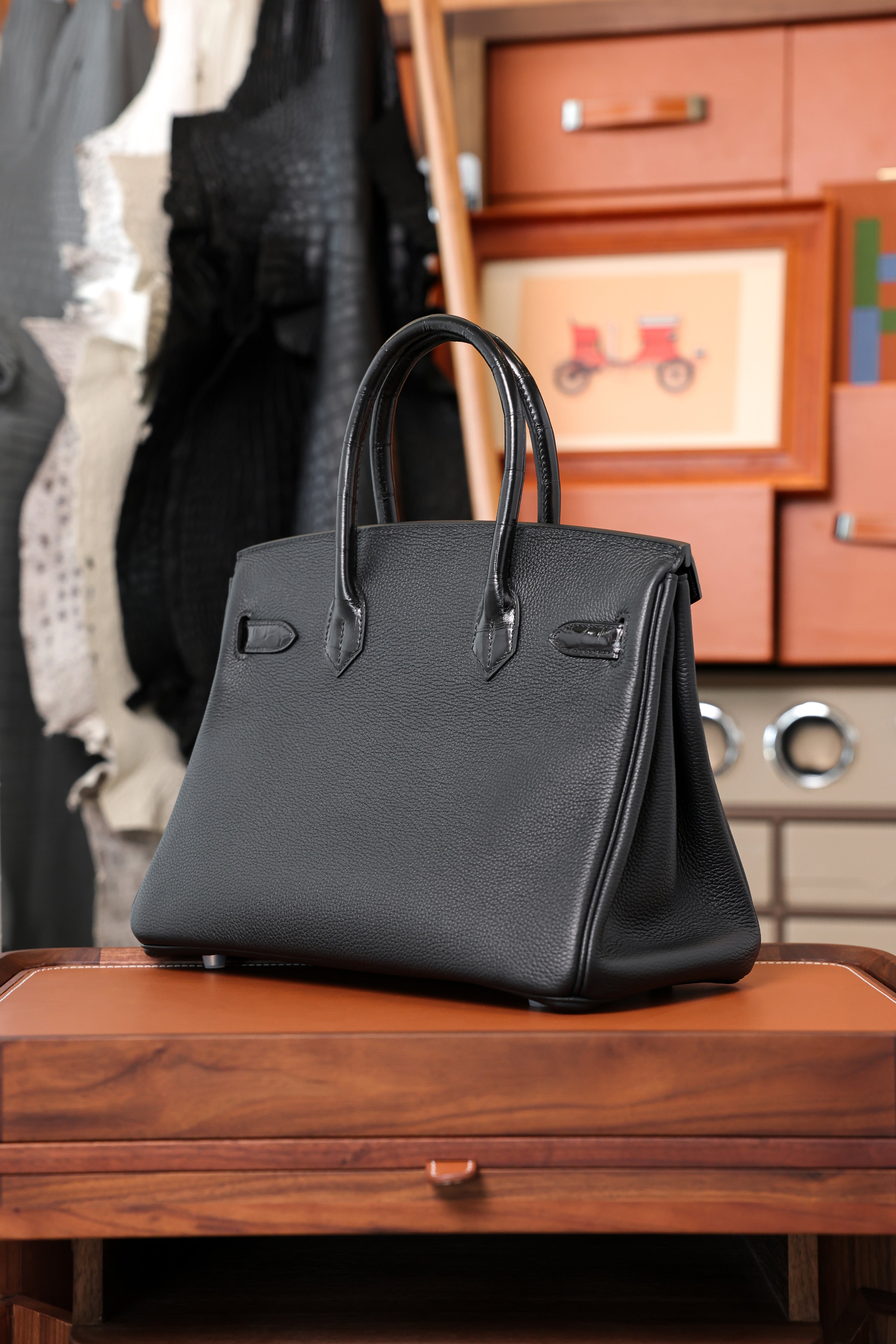 Birkin- All Handmade Golden / Sliver Noir Crocodile/togo leather