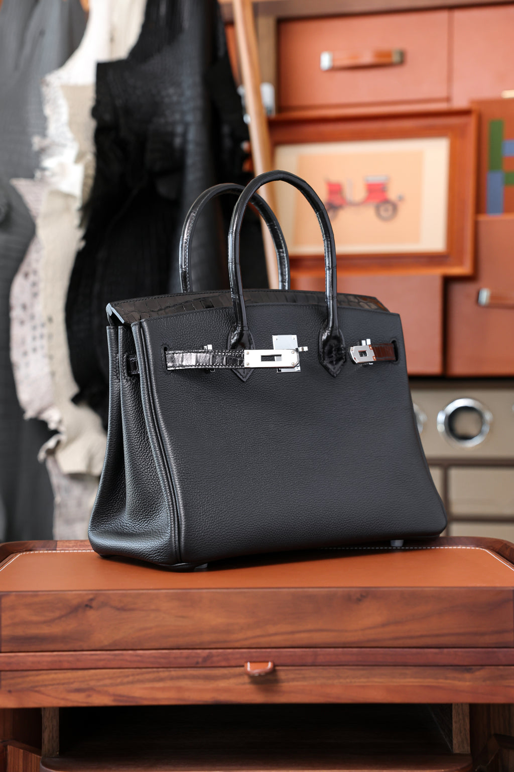 Birkin- All Handmade Golden / Sliver Noir Crocodile/togo leather