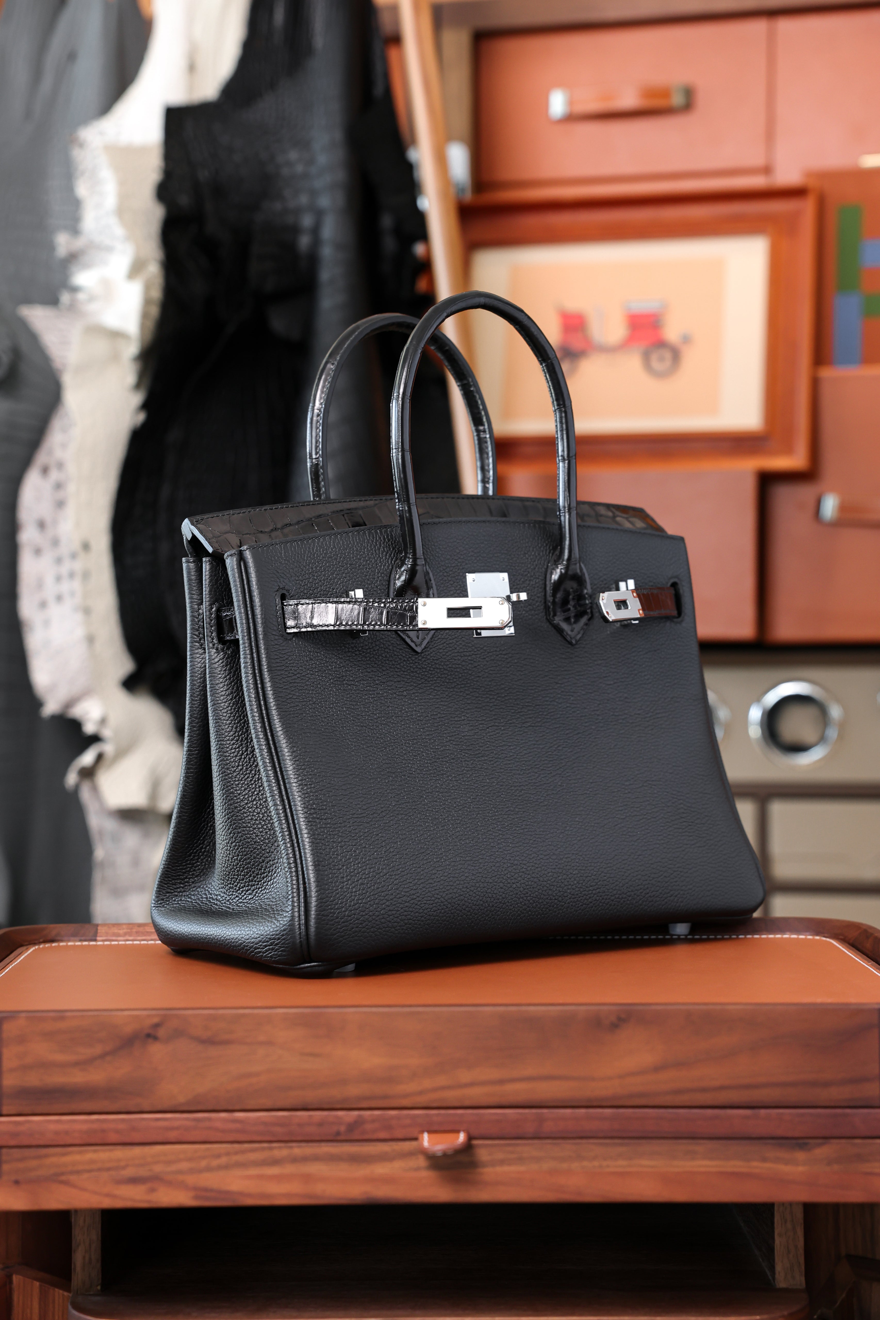 Birkin- All Handmade Golden / Sliver Noir Crocodile/togo leather