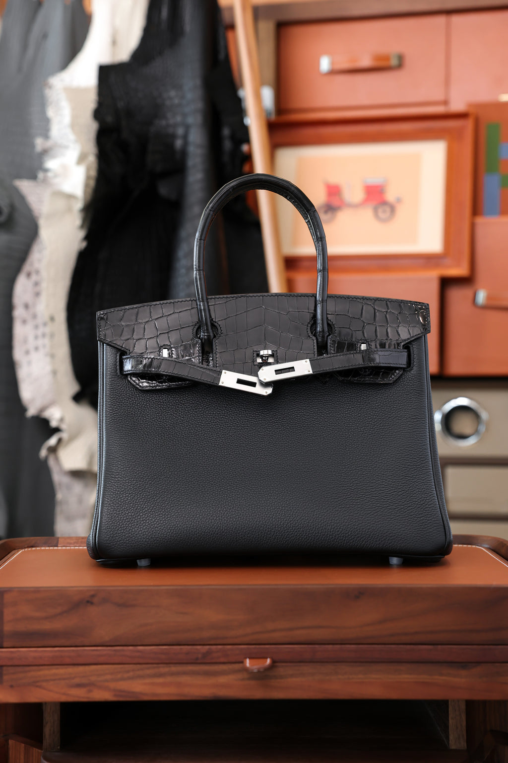 Birkin- All Handmade Golden / Sliver Noir Crocodile/togo leather