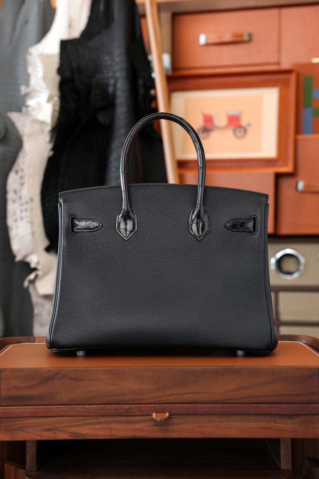 Birkin- All Handmade Golden / Sliver Noir Crocodile/togo leather