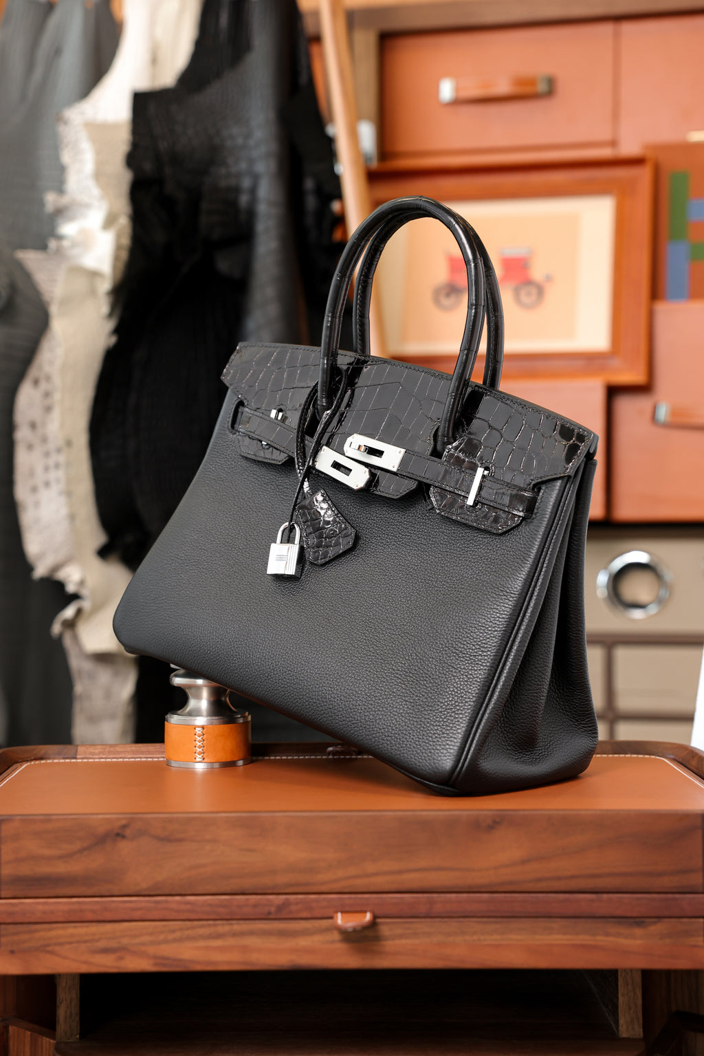 Birkin- All Handmade Golden / Sliver Noir Crocodile/togo leather