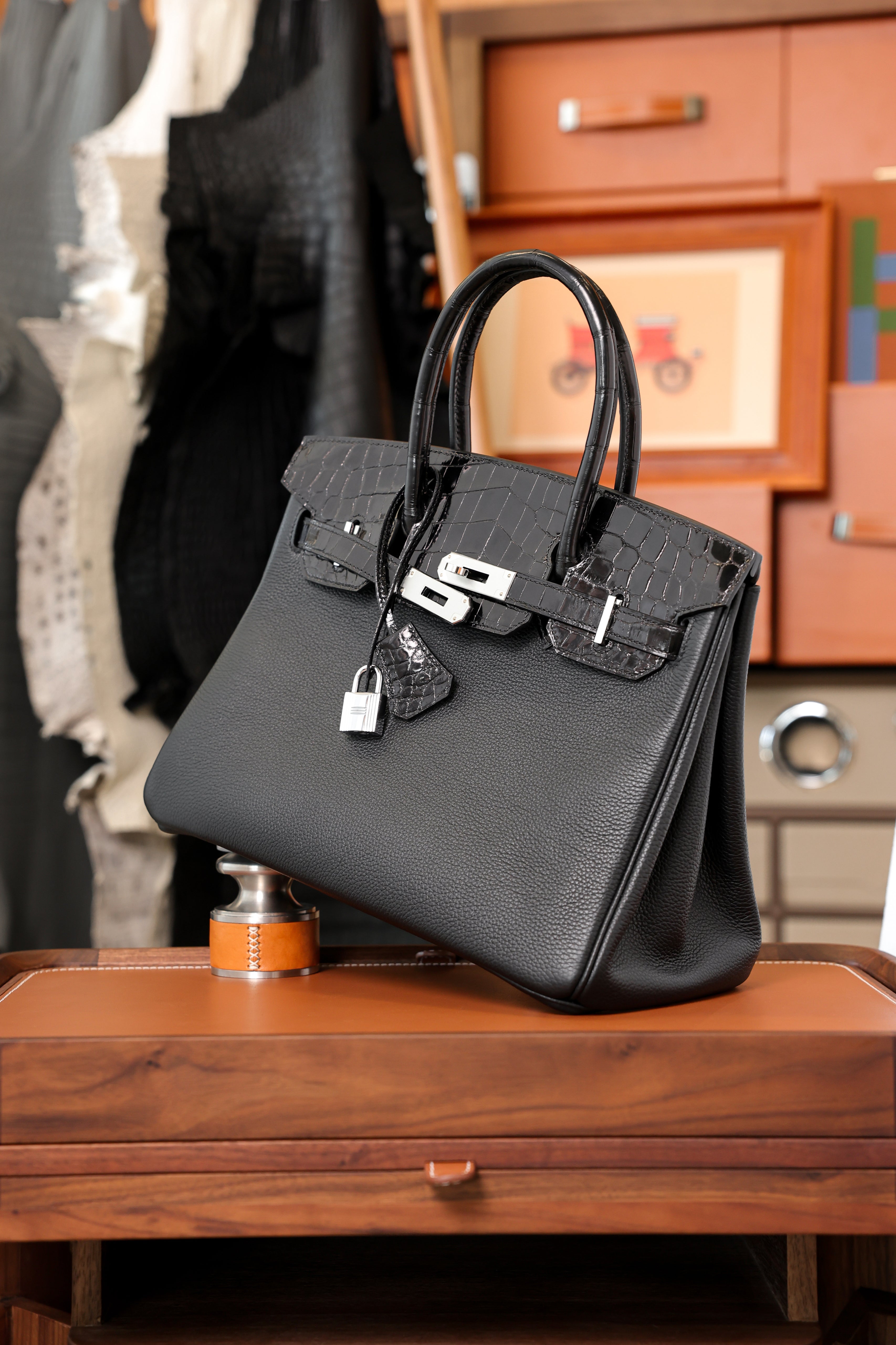 Birkin- All Handmade Golden / Sliver Noir Crocodile/togo leather