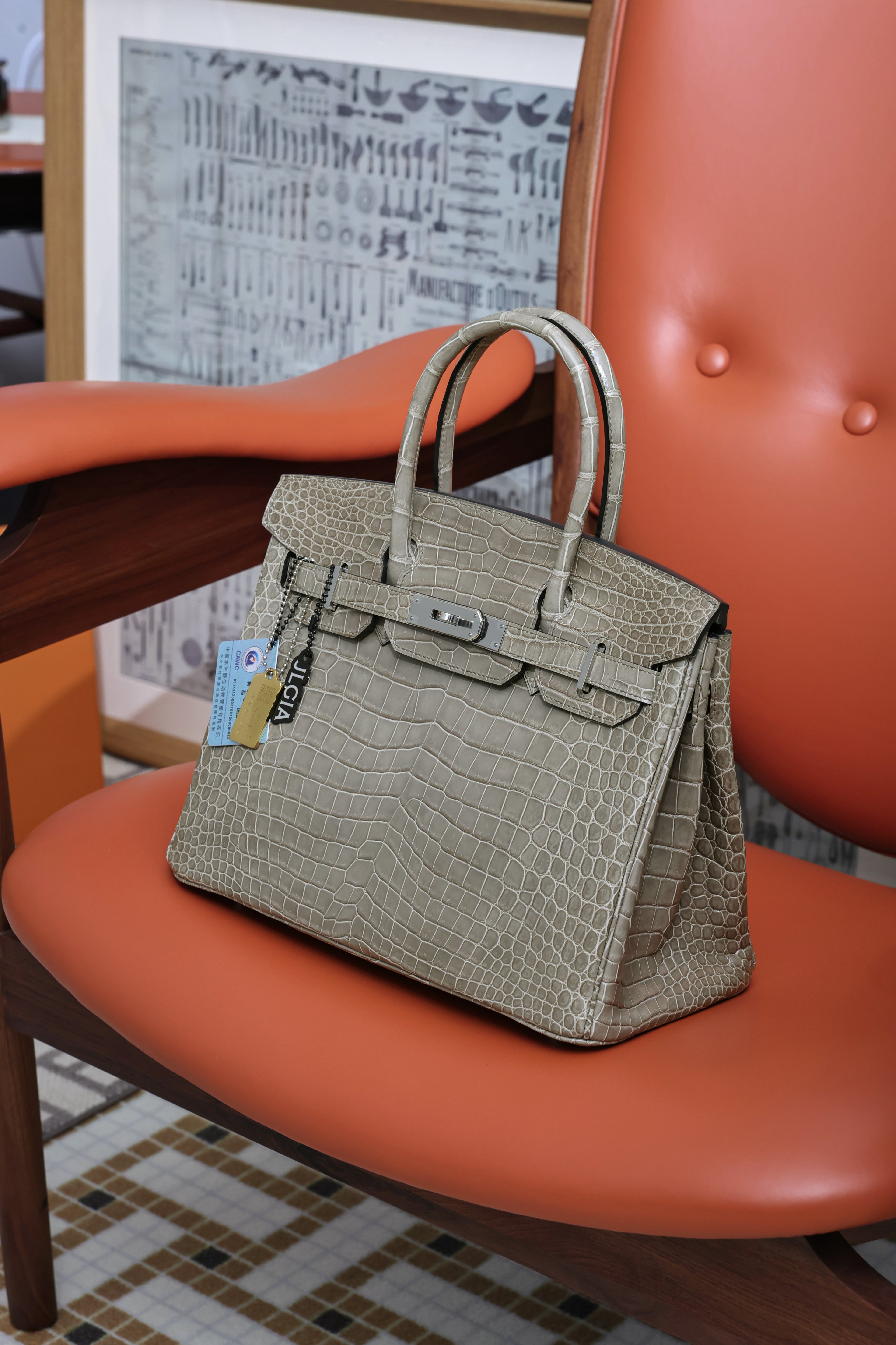 BK-2024 All Handmade Golden / Sliver  Hardware Gris Tourterelle  Porosus Crocodile leather