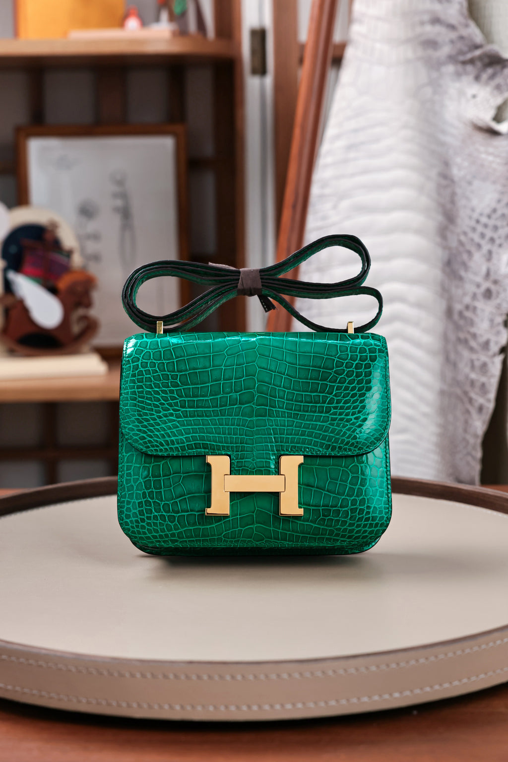 Constance- All Handmade Golden / Sliver Hardware Emerald green Crocodile leather