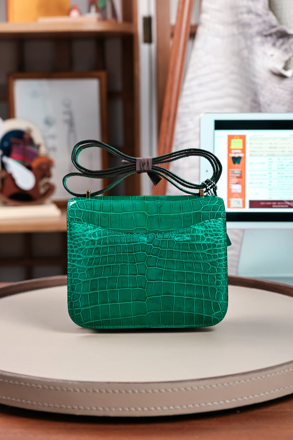 Constance- All Handmade Golden / Sliver Hardware Emerald green Crocodile leather