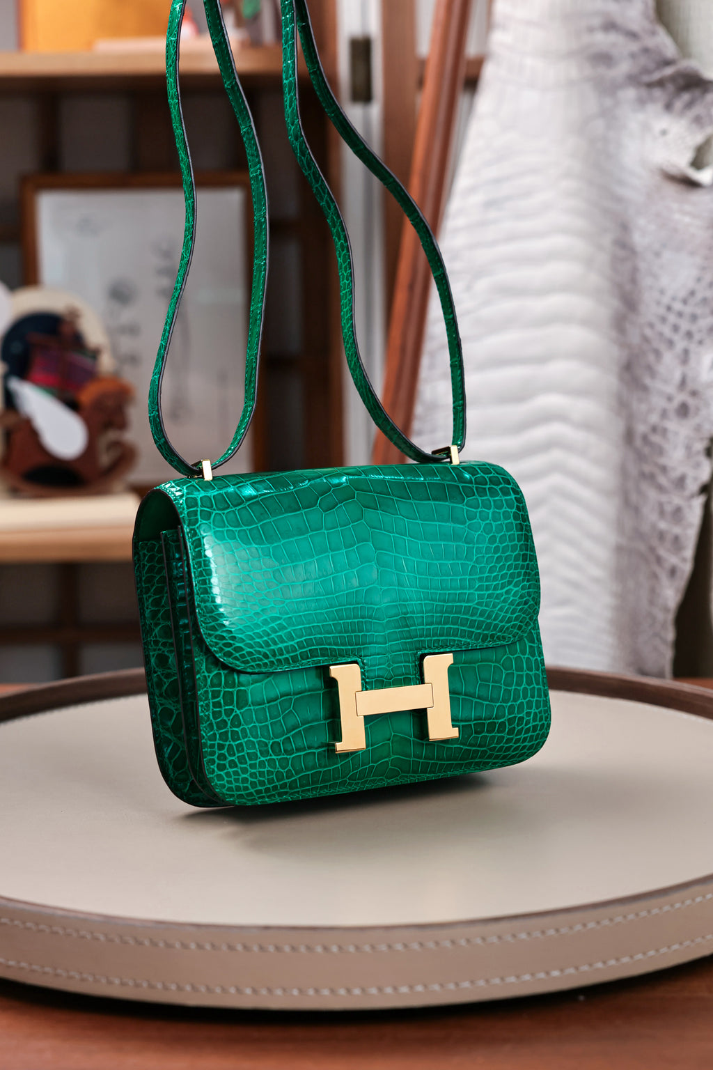 Constance- All Handmade Golden / Sliver Hardware Emerald green Crocodile leather