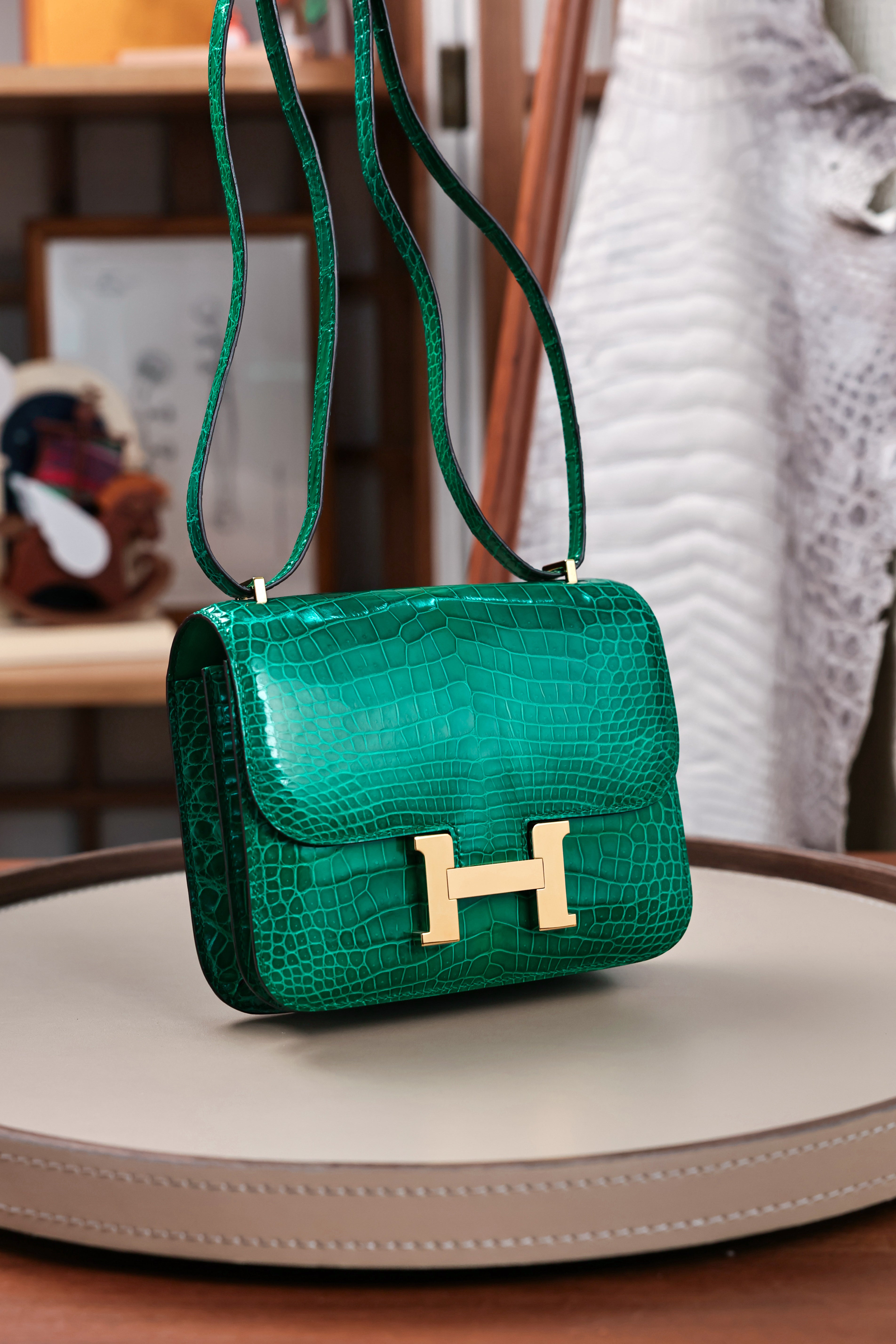 Constance- All Handmade Golden / Sliver Hardware Emerald green Crocodile leather