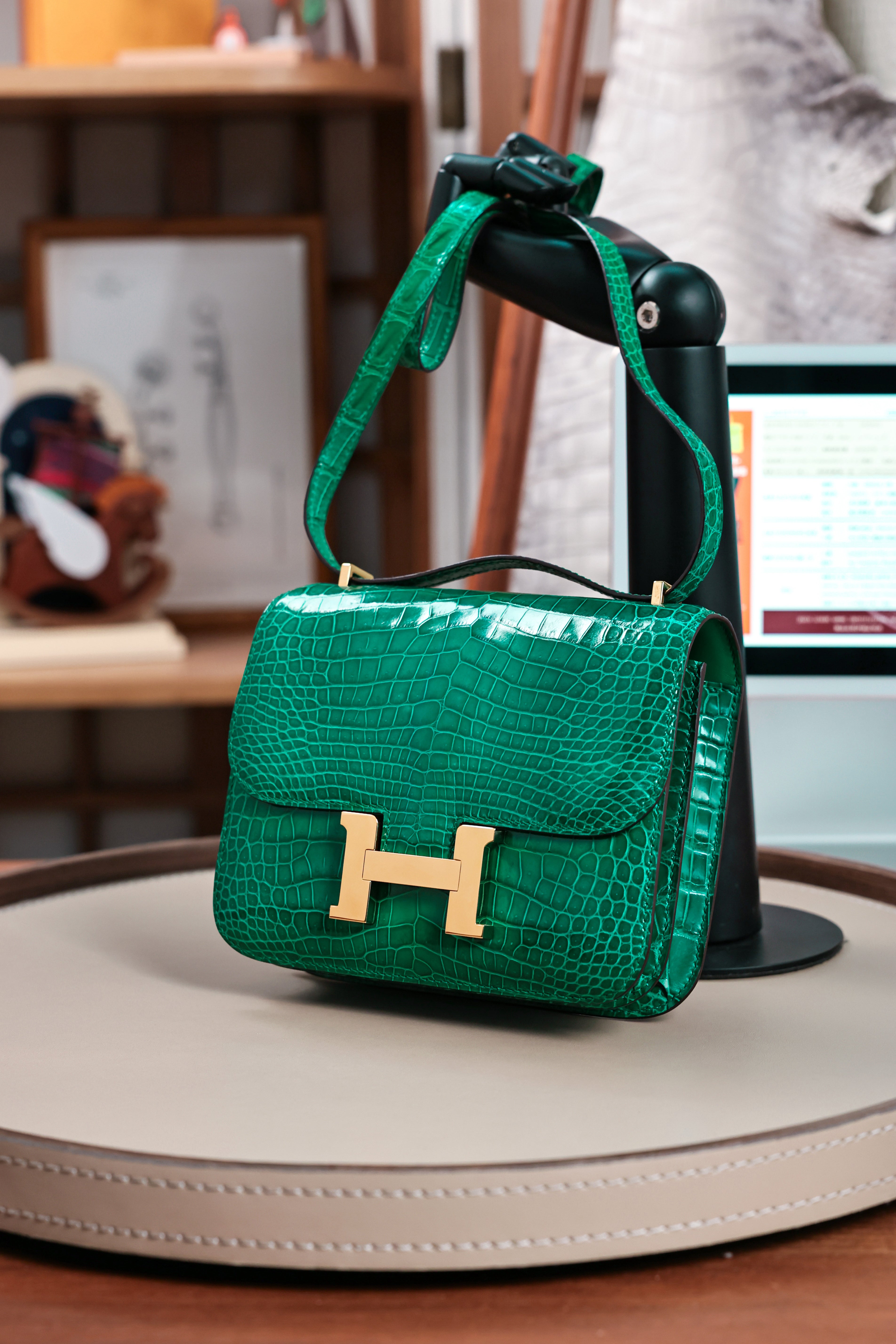 Constance- All Handmade Golden / Sliver Hardware Emerald green Crocodile leather