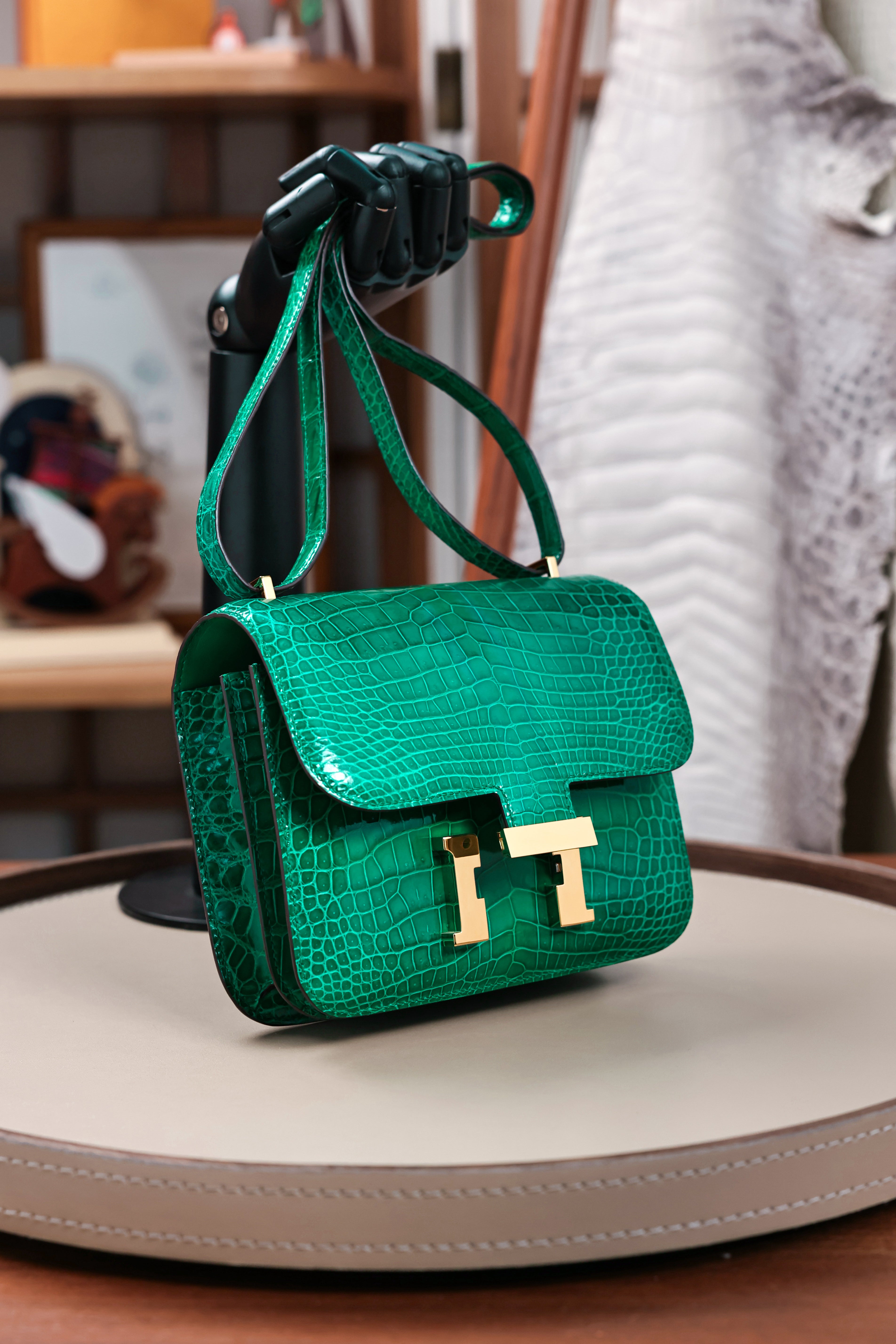 Constance- All Handmade Golden / Sliver Hardware Emerald green Crocodile leather