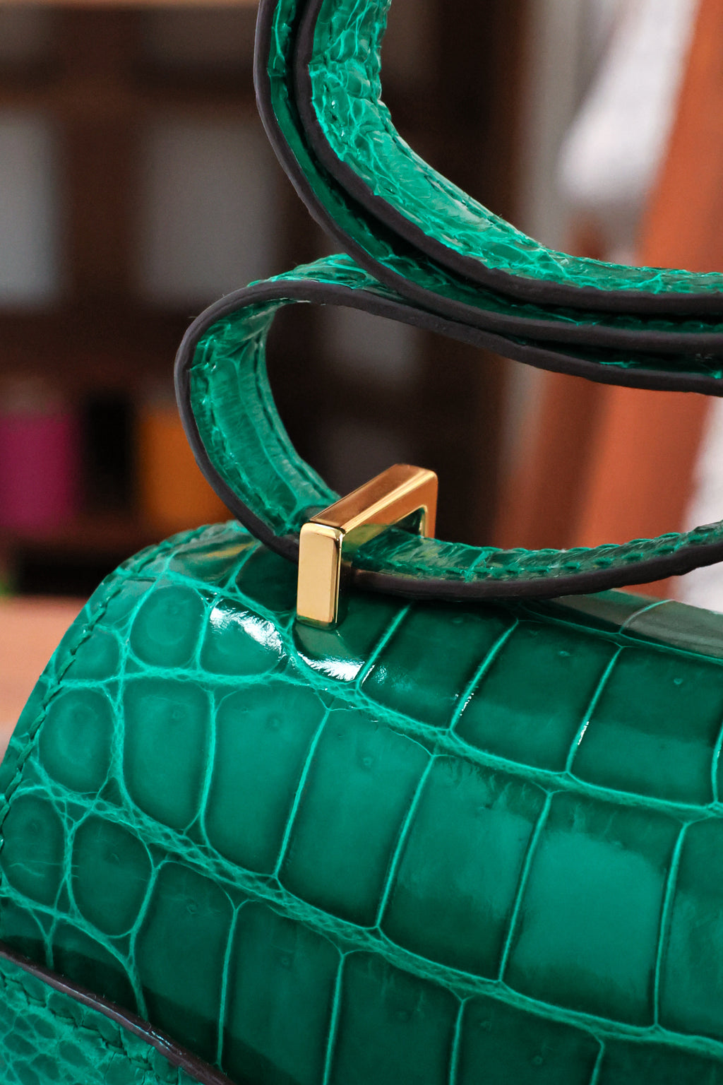 Constance- All Handmade Golden / Sliver Hardware Emerald green Crocodile leather