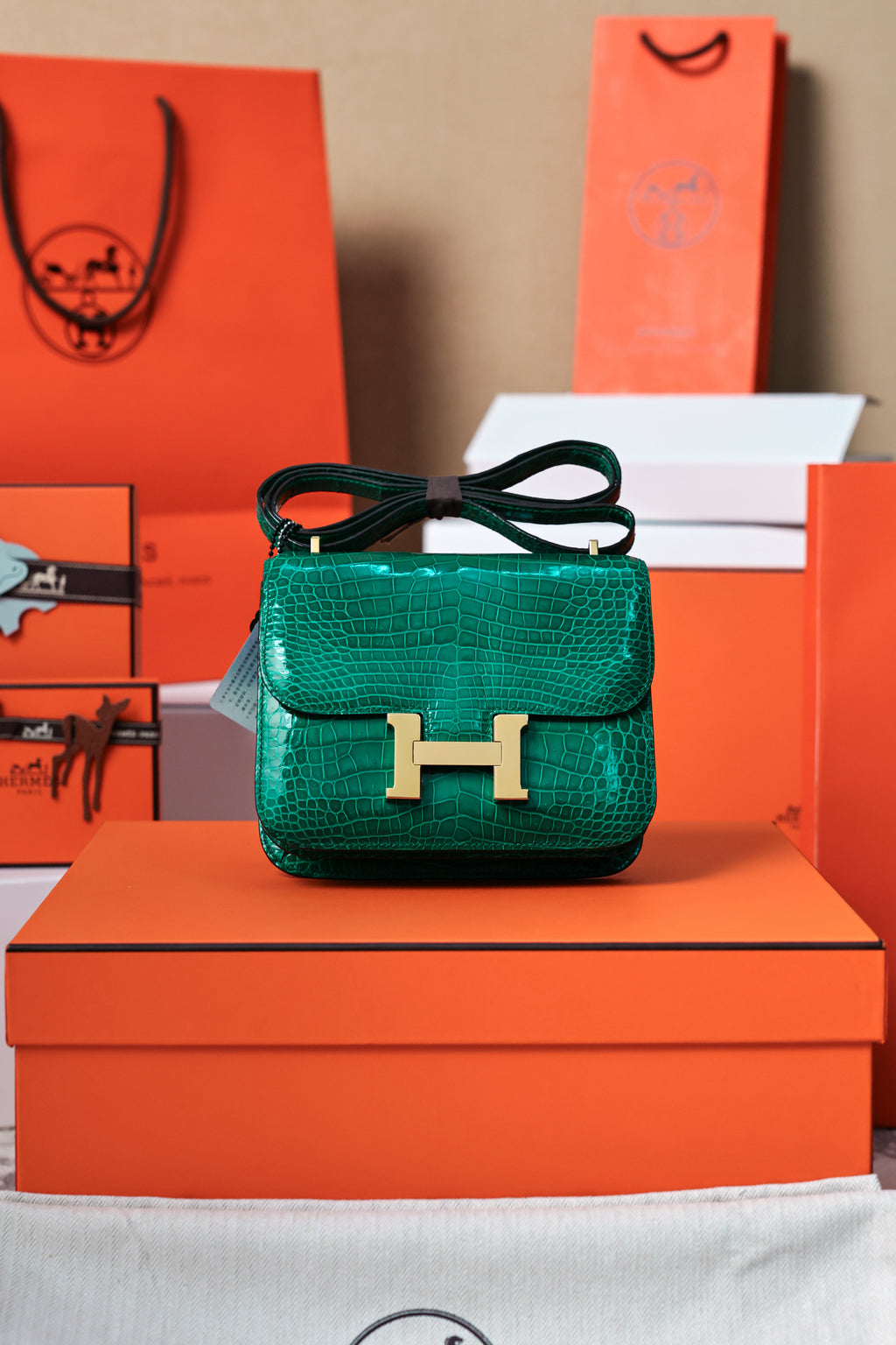 Constance- All Handmade Golden / Sliver Hardware Emerald green Crocodile leather