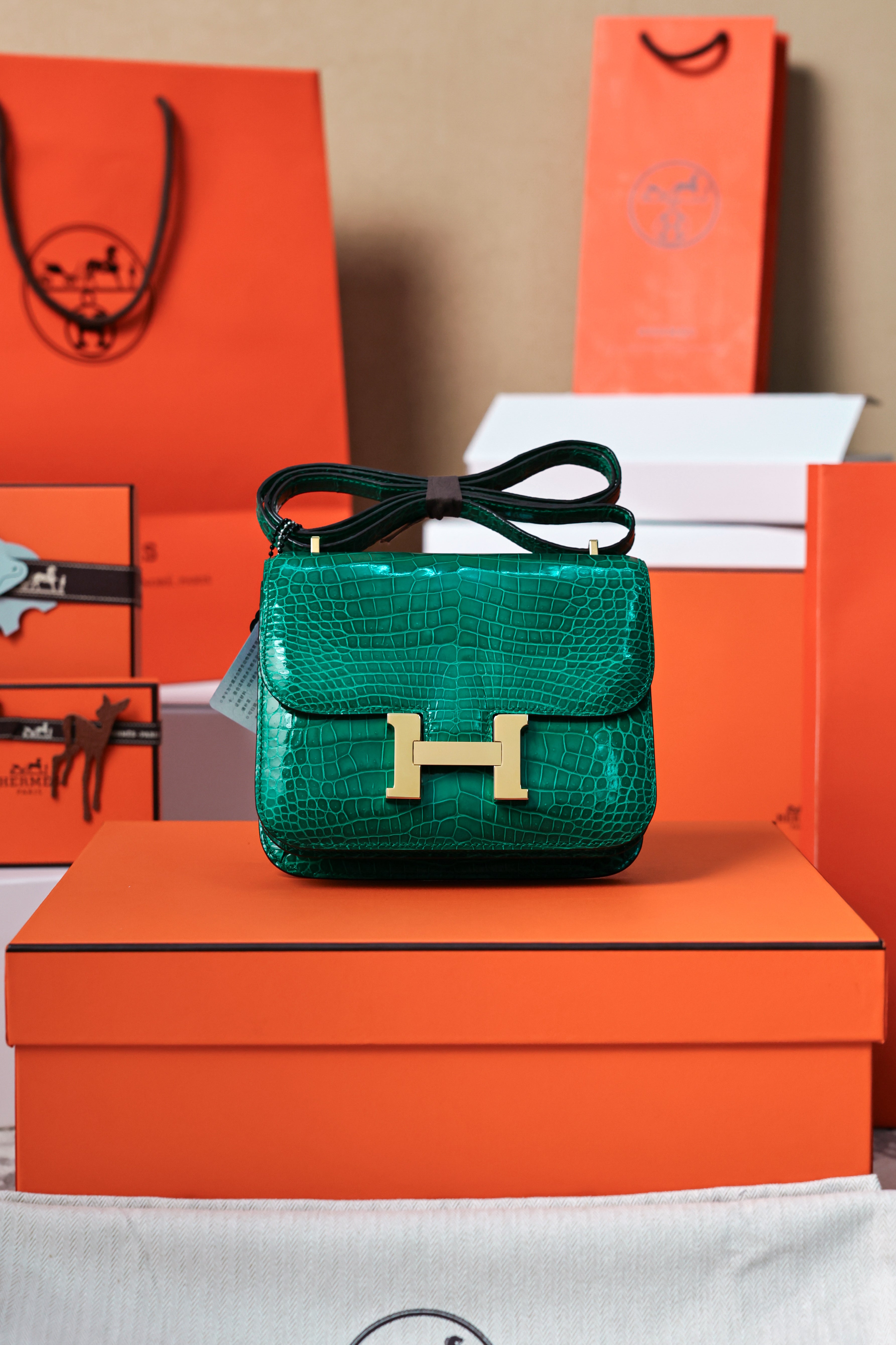 Constance- All Handmade Golden / Sliver Hardware Emerald green Crocodile leather