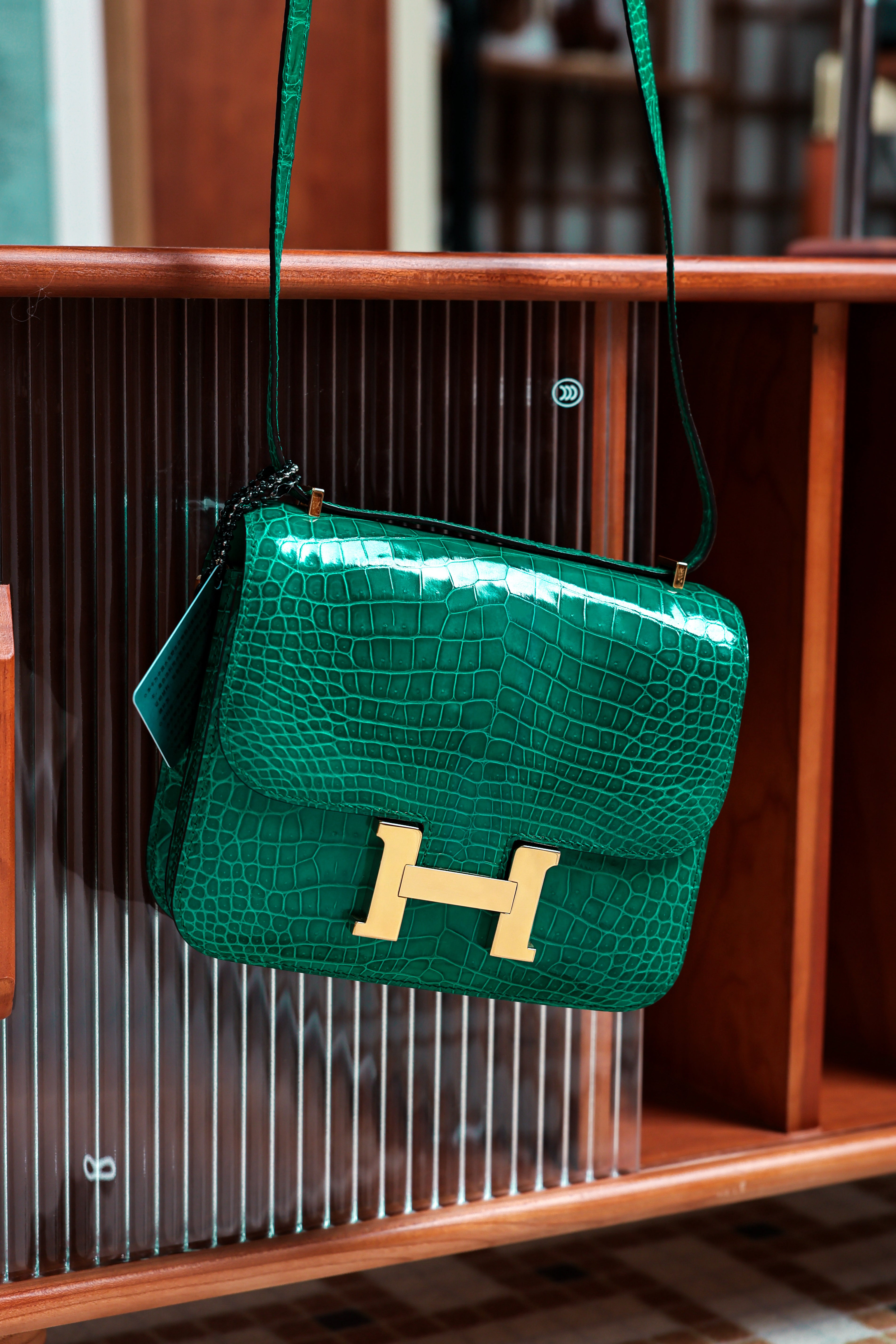 Constance- All Handmade Golden / Sliver Hardware Emerald green Crocodile leather