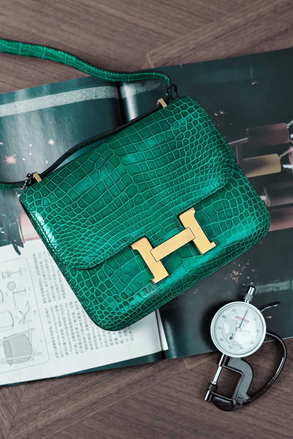 Constance- All Handmade Golden / Sliver Hardware Emerald green Crocodile leather