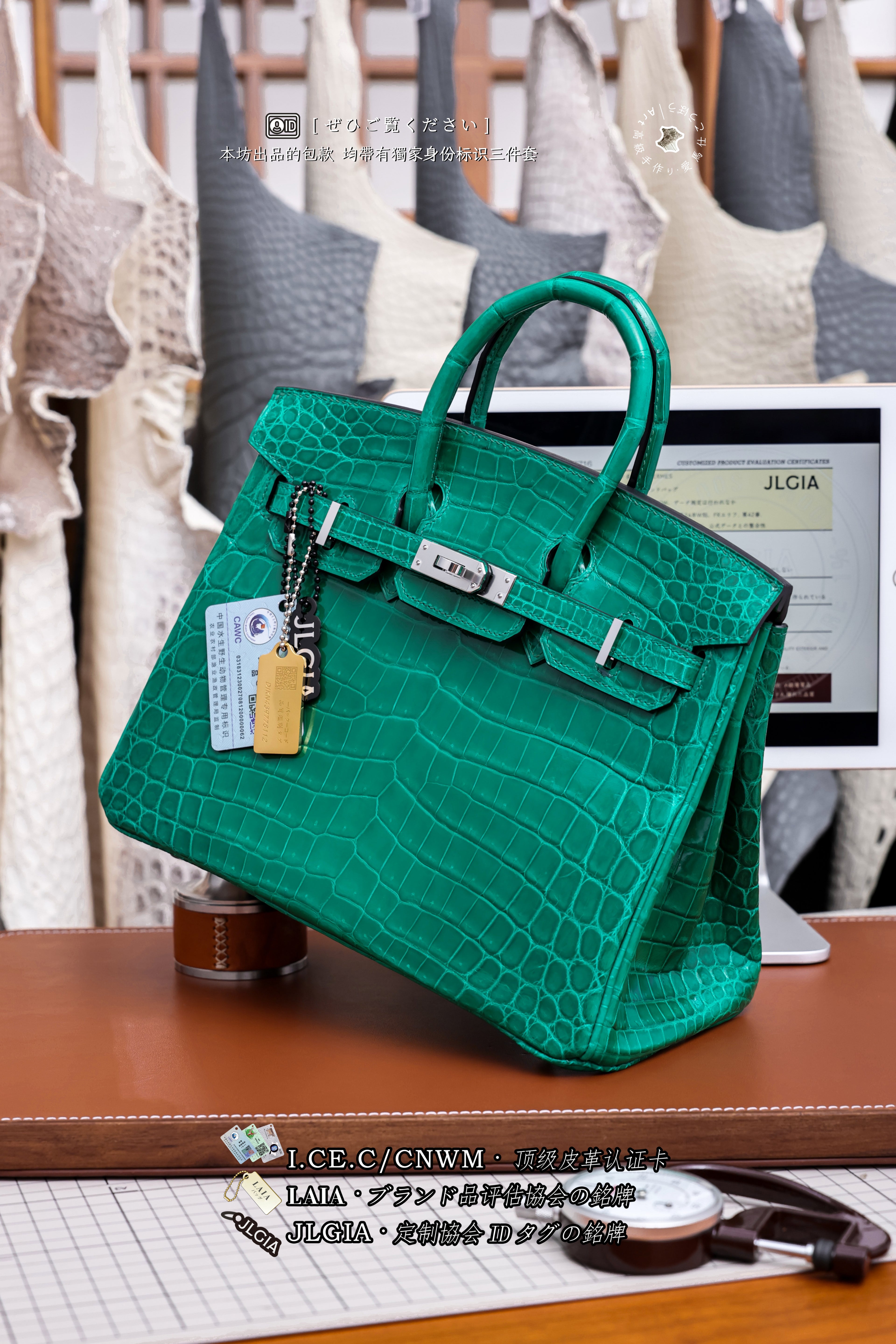 BK-2024 All Handmade sliver Hardware Emperor Green Bright surface Porosus Crocodile leather