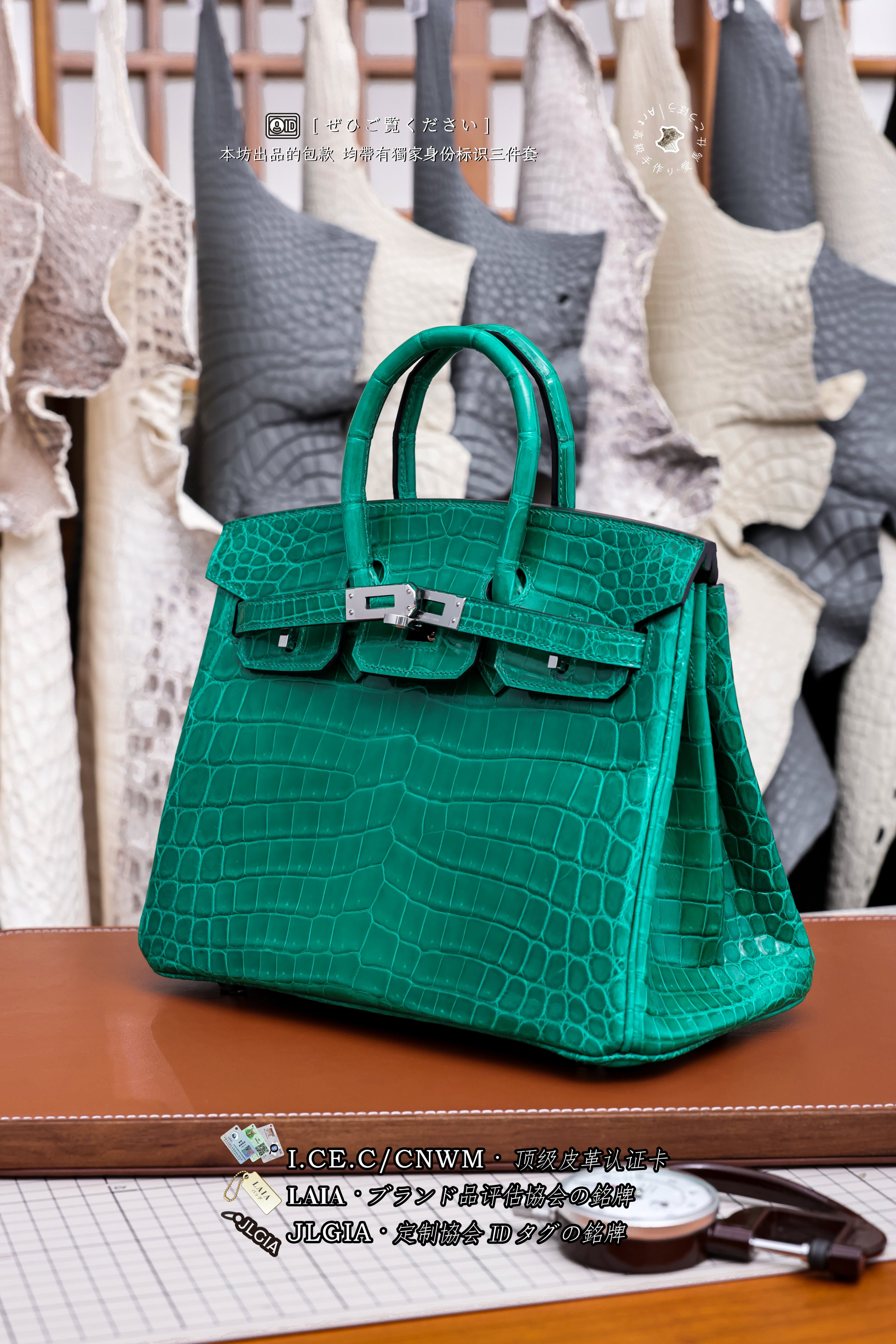 BK-2024 All Handmade sliver Hardware Emperor Green Bright surface Porosus Crocodile leather