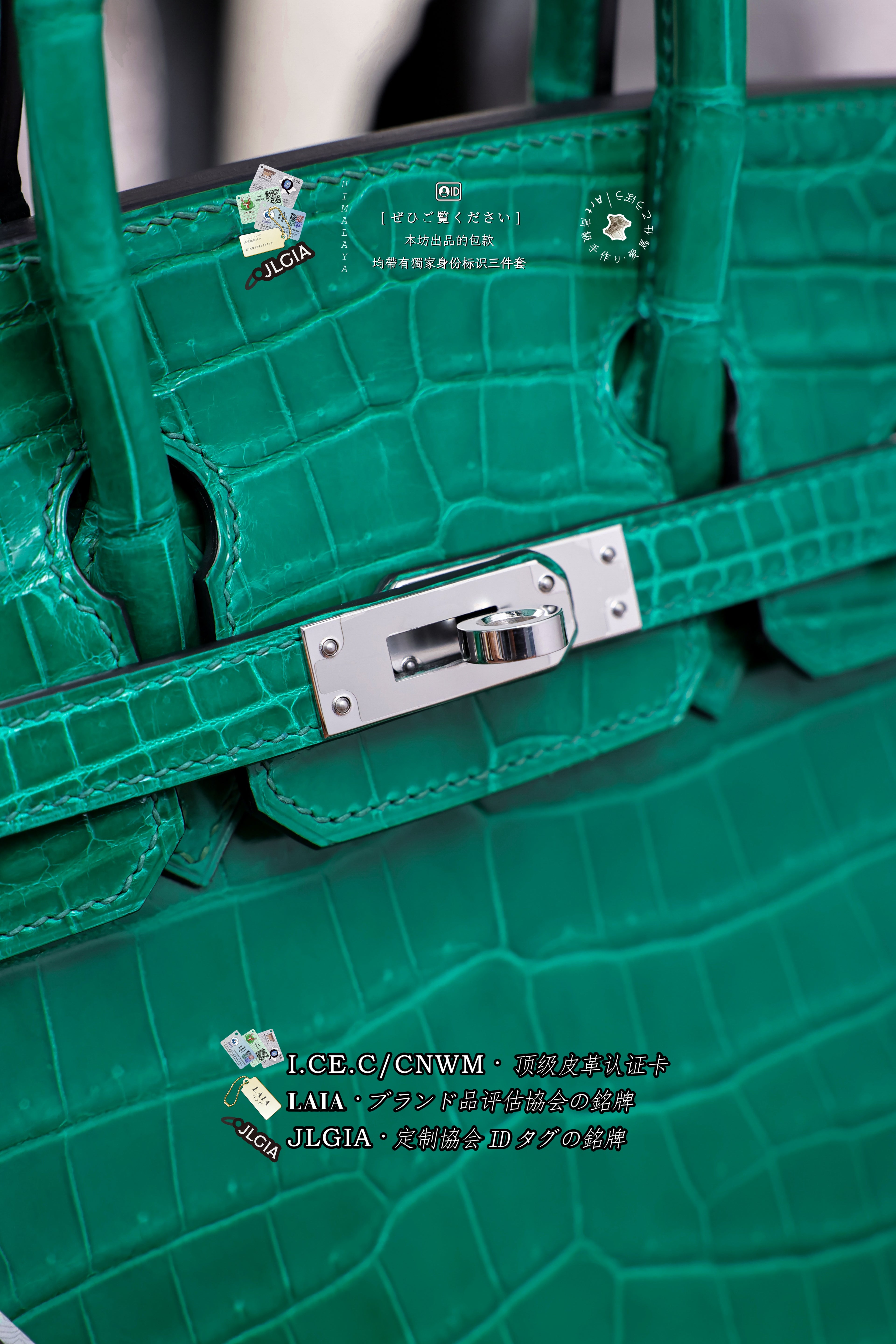 BK-2024 All Handmade sliver Hardware Emperor Green Bright surface Porosus Crocodile leather