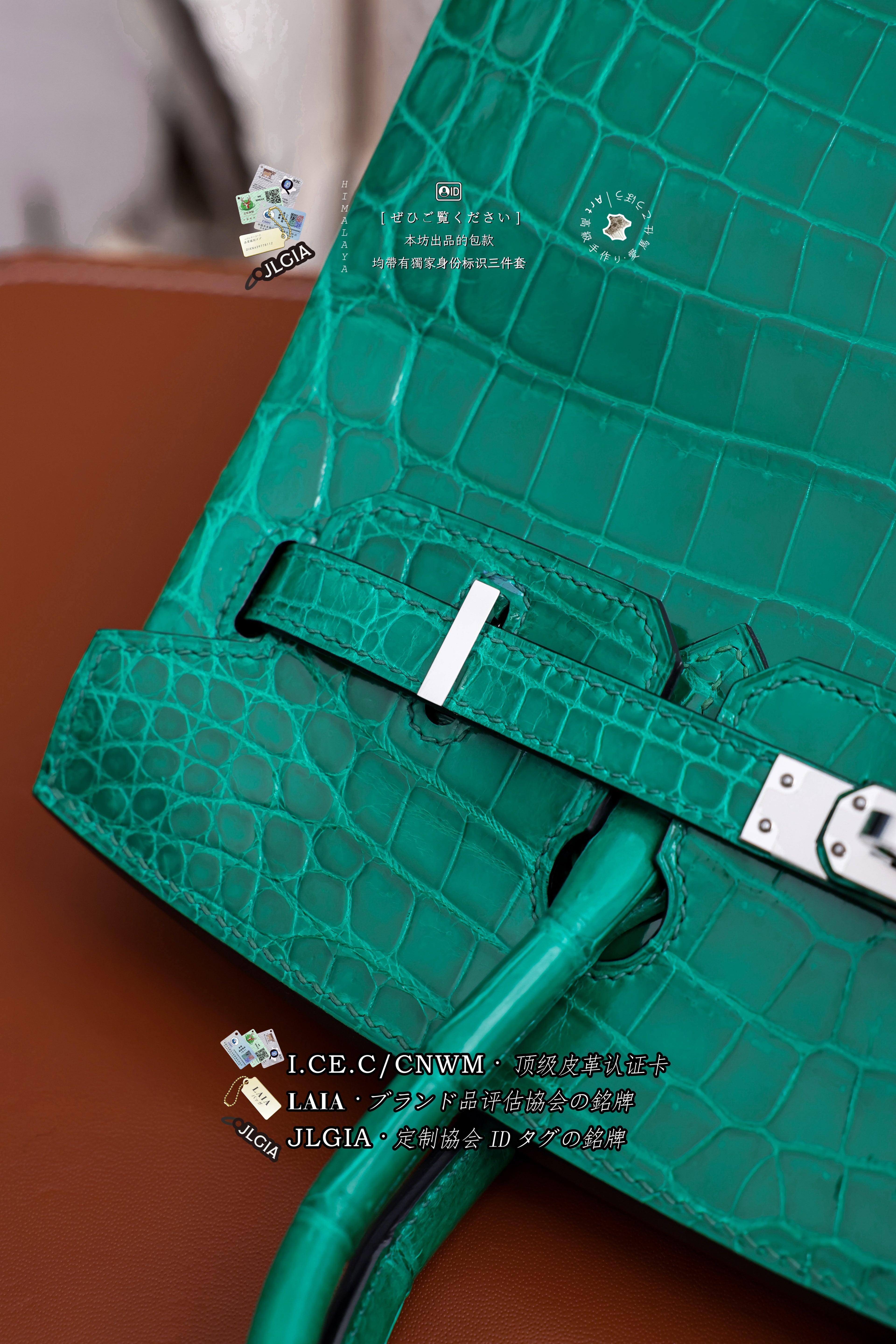 BK-2024 All Handmade sliver Hardware Emperor Green Bright surface Porosus Crocodile leather