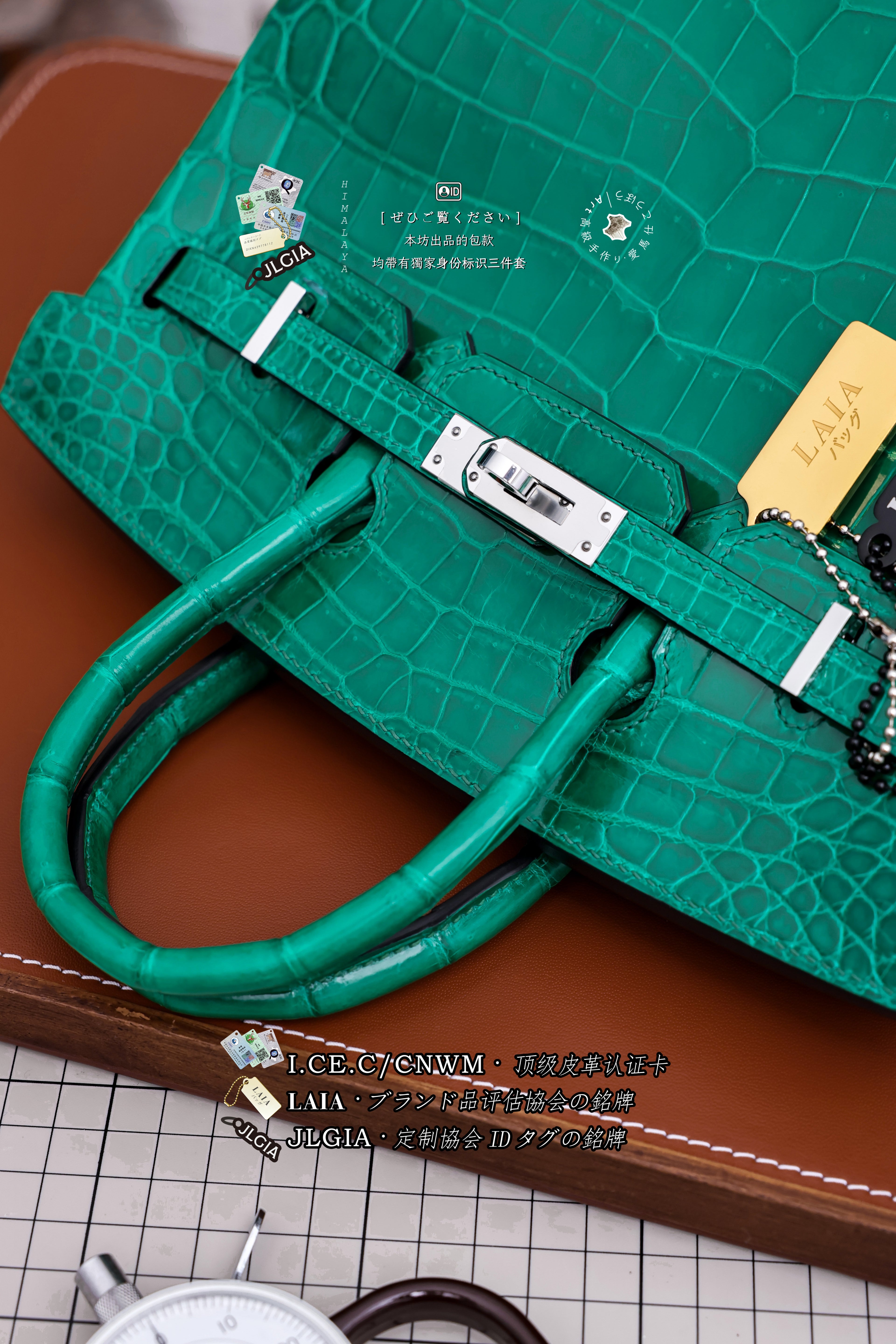 BK-2024 All Handmade sliver Hardware Emperor Green Bright surface Porosus Crocodile leather