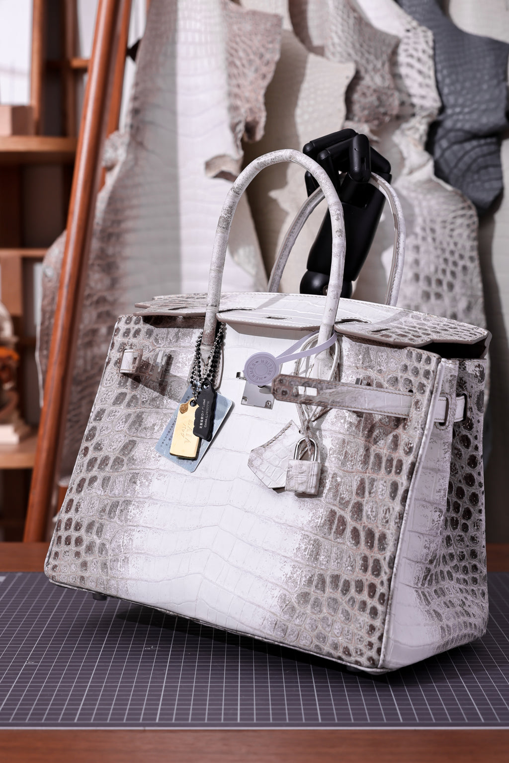 Birkin- All Handmade Golden / Sliver Original gray white Crocodile leather