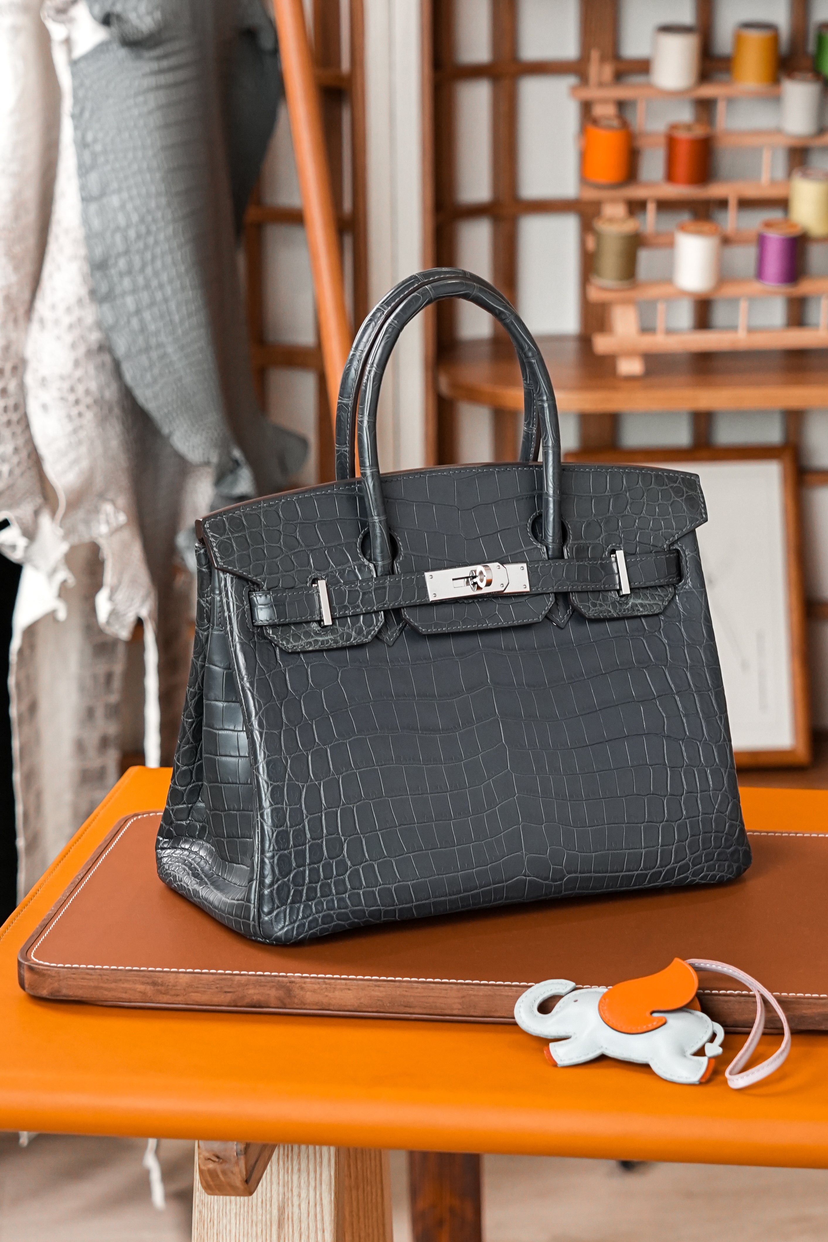 BK-2024 All Handmade Golden / Sliver Hardware Graphite Matte Nile crocodile leather