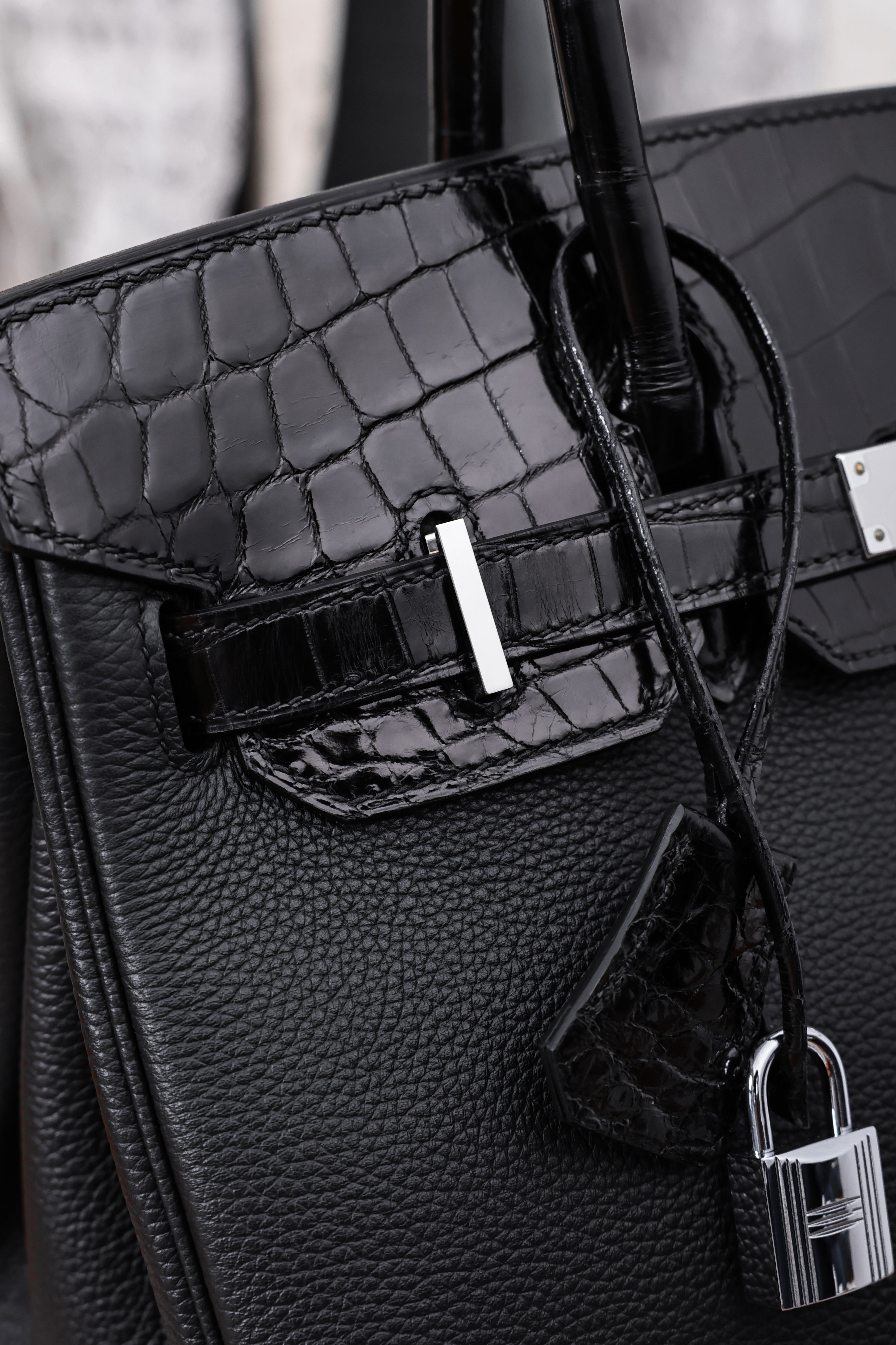 Birkin- All Handmade Golden / Sliver Noir Crocodile/togo leather