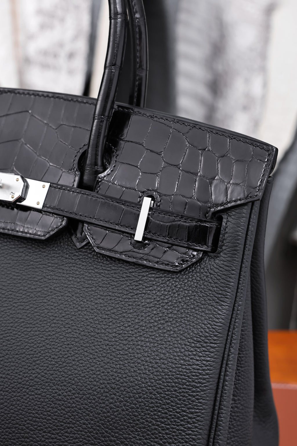 Birkin- All Handmade Golden / Sliver Noir Crocodile/togo leather