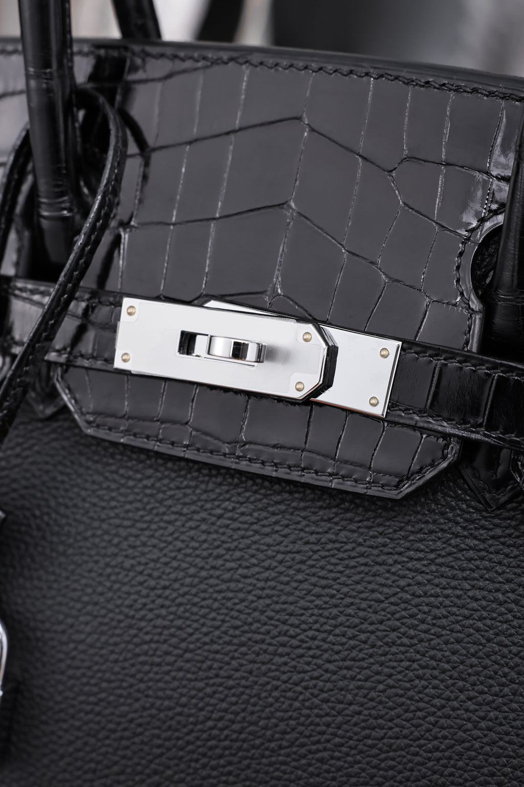 Birkin- All Handmade Golden / Sliver Noir Crocodile/togo leather