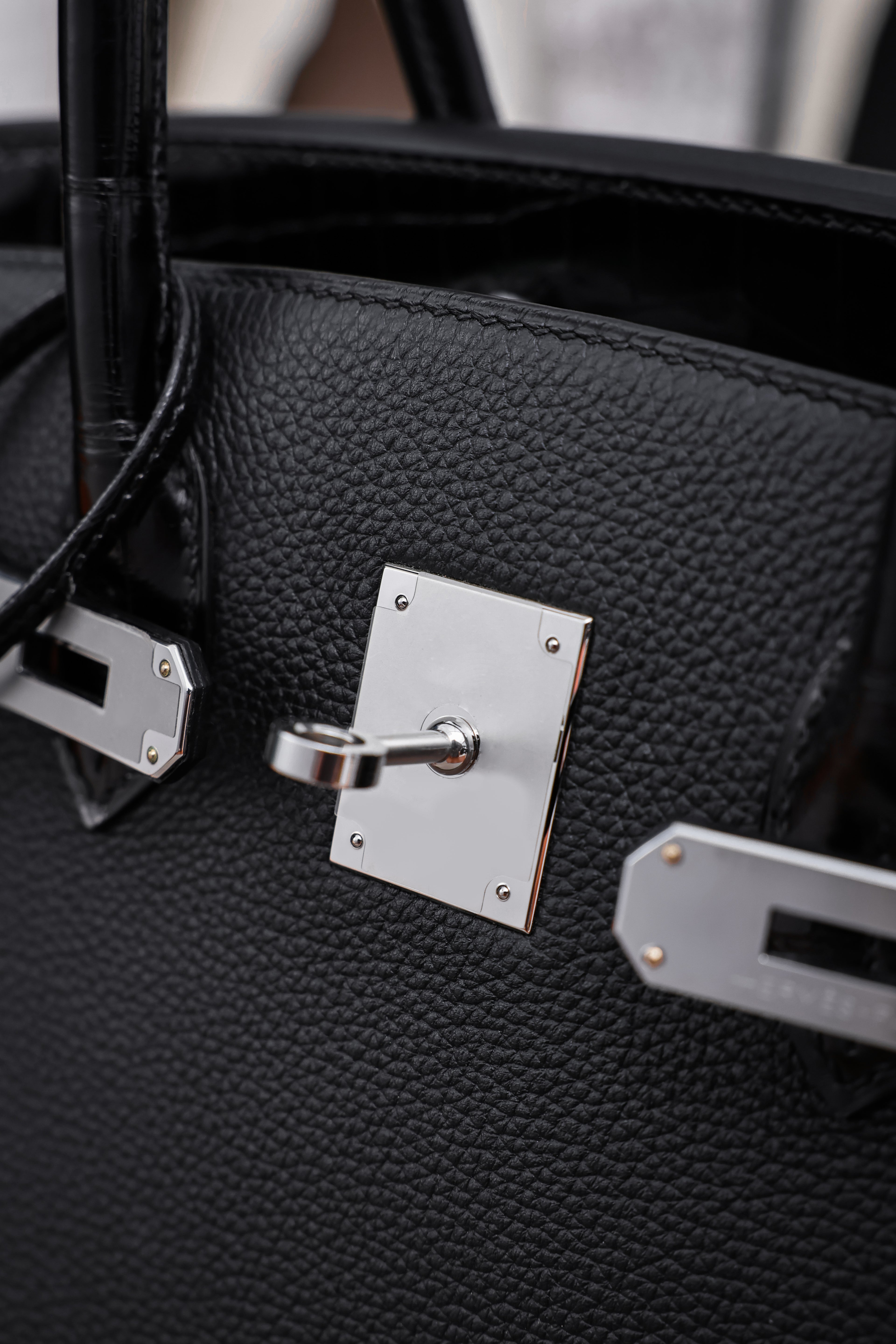 Birkin- All Handmade Golden / Sliver Noir Crocodile/togo leather