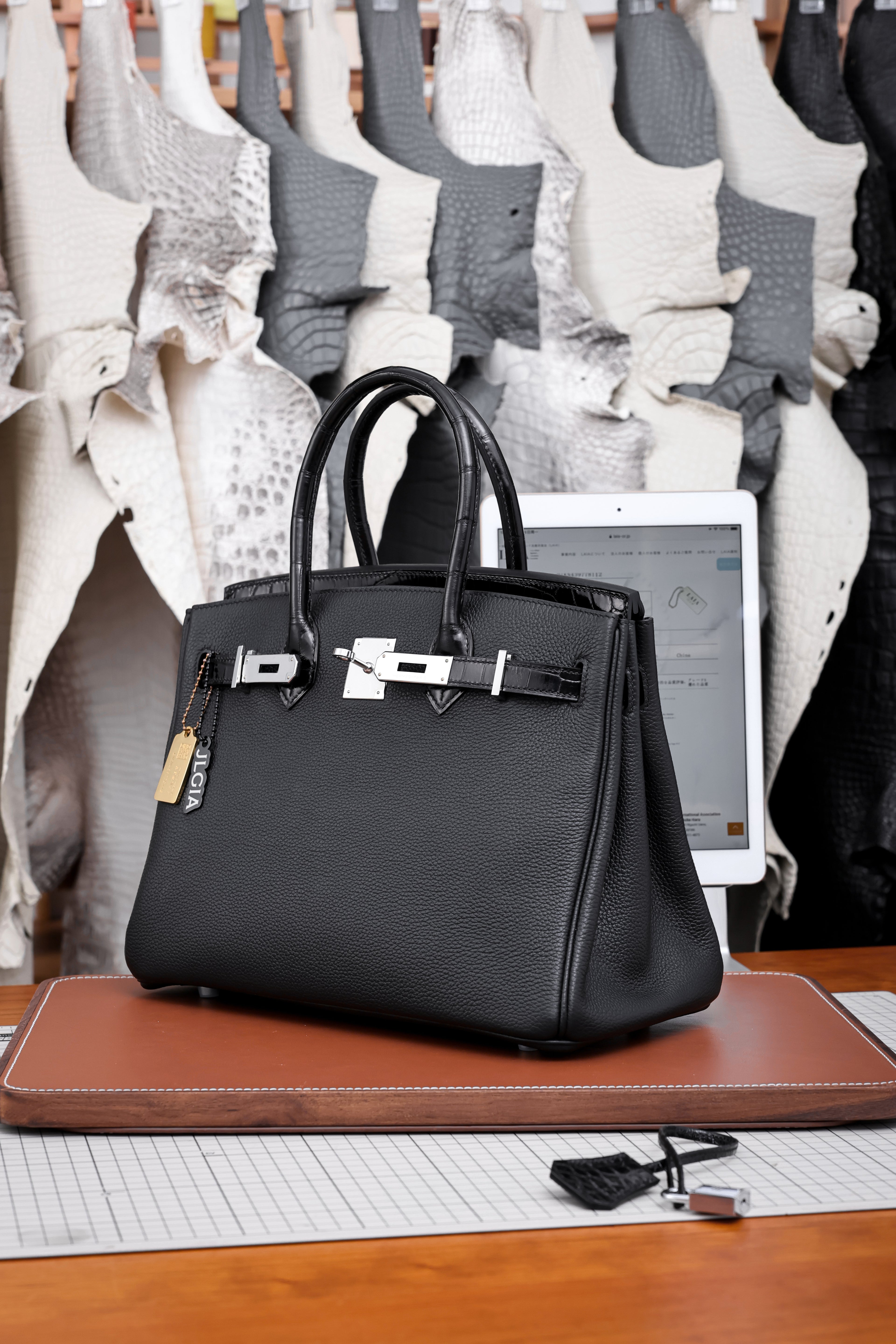 Birkin- All Handmade Golden / Sliver Noir Crocodile/togo leather