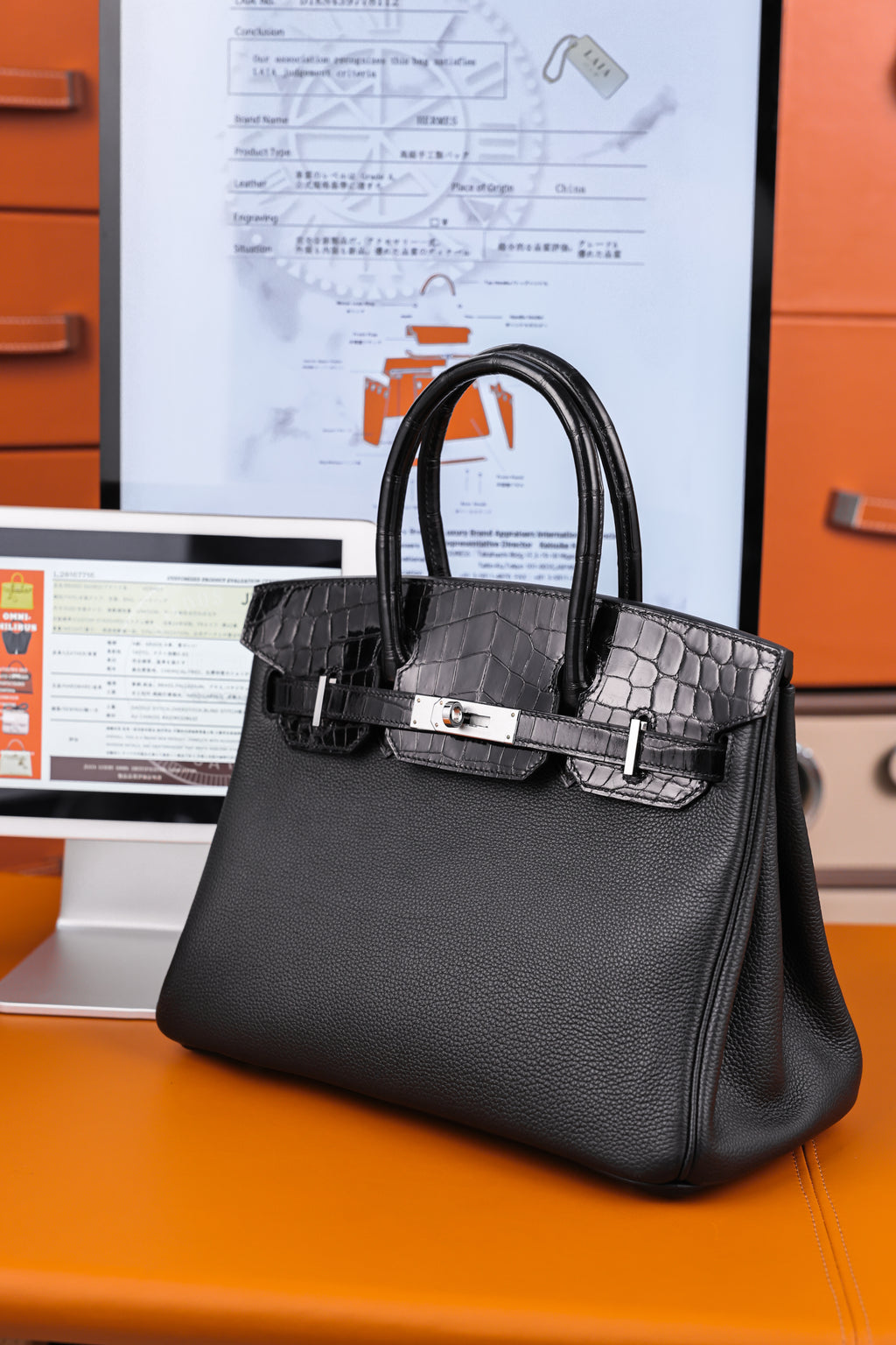 Birkin- All Handmade Golden / Sliver Noir Crocodile/togo leather