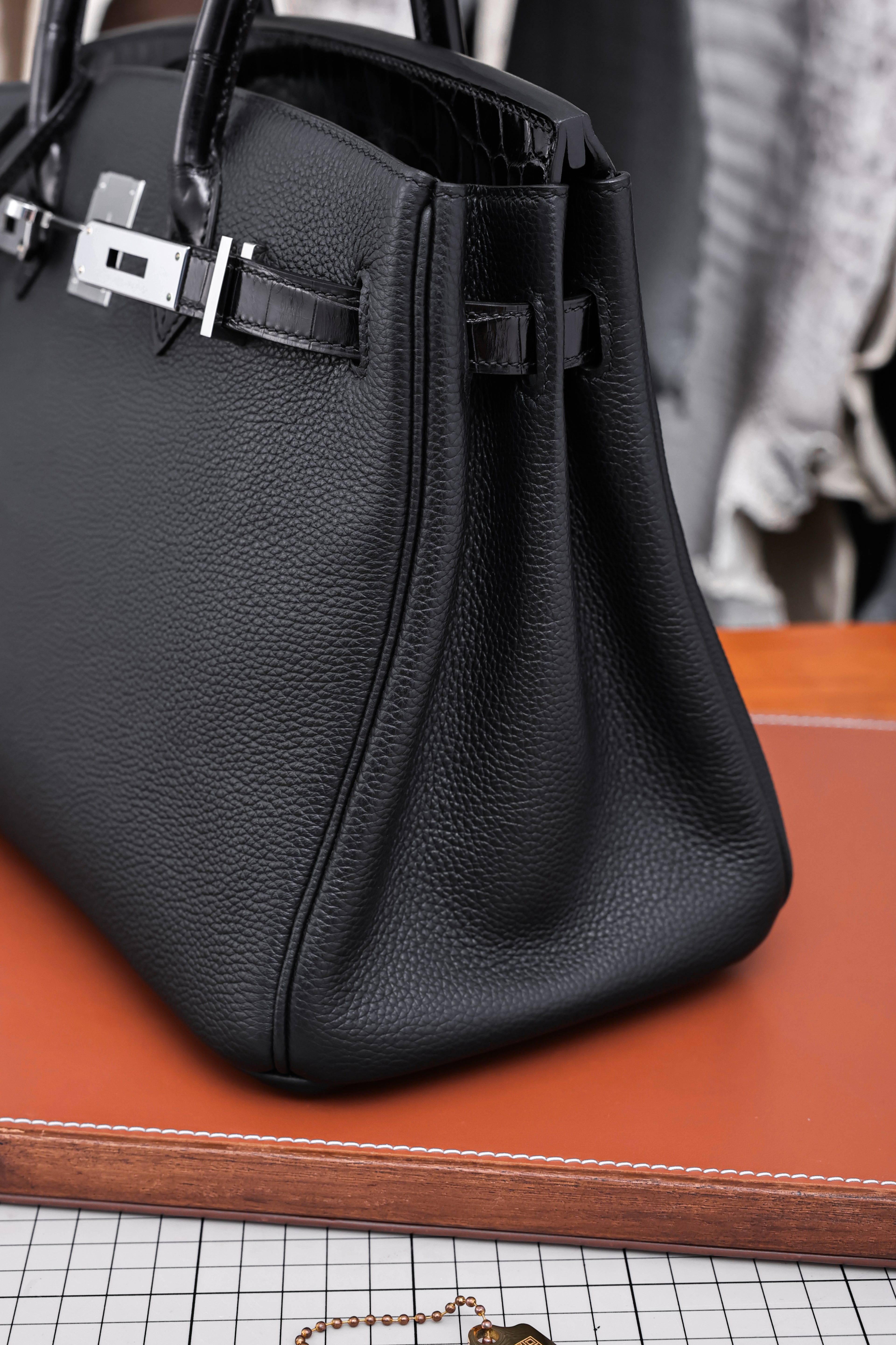 Birkin- All Handmade Golden / Sliver Noir Crocodile/togo leather