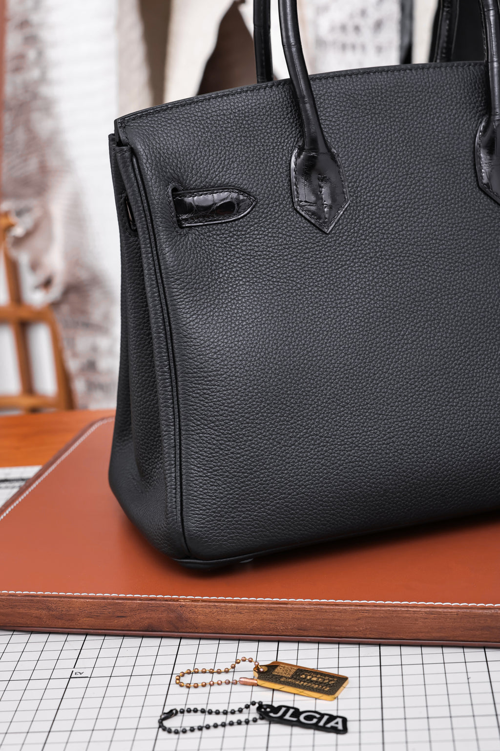 Birkin- All Handmade Golden / Sliver Noir Crocodile/togo leather