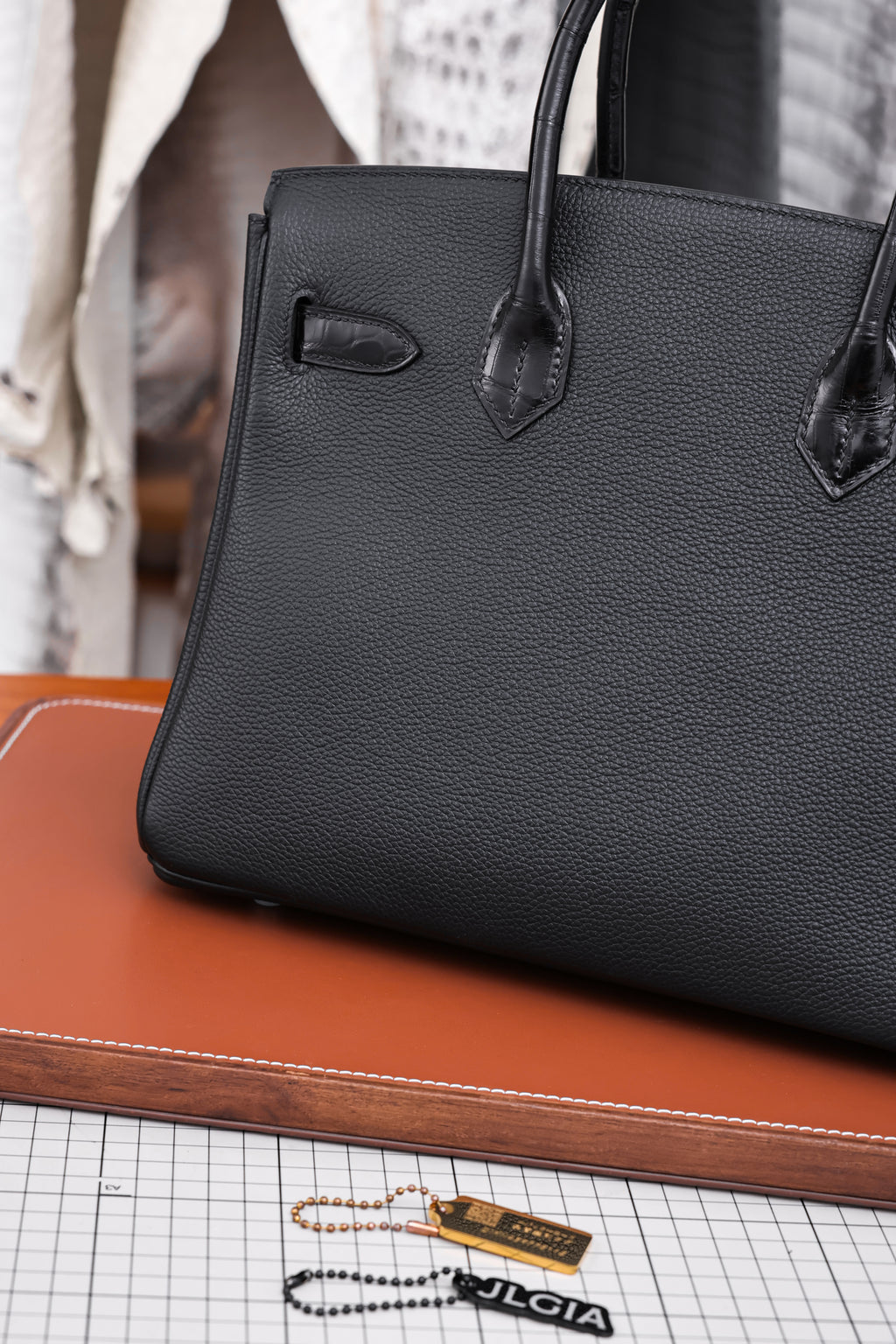 Birkin- All Handmade Golden / Sliver Noir Crocodile/togo leather