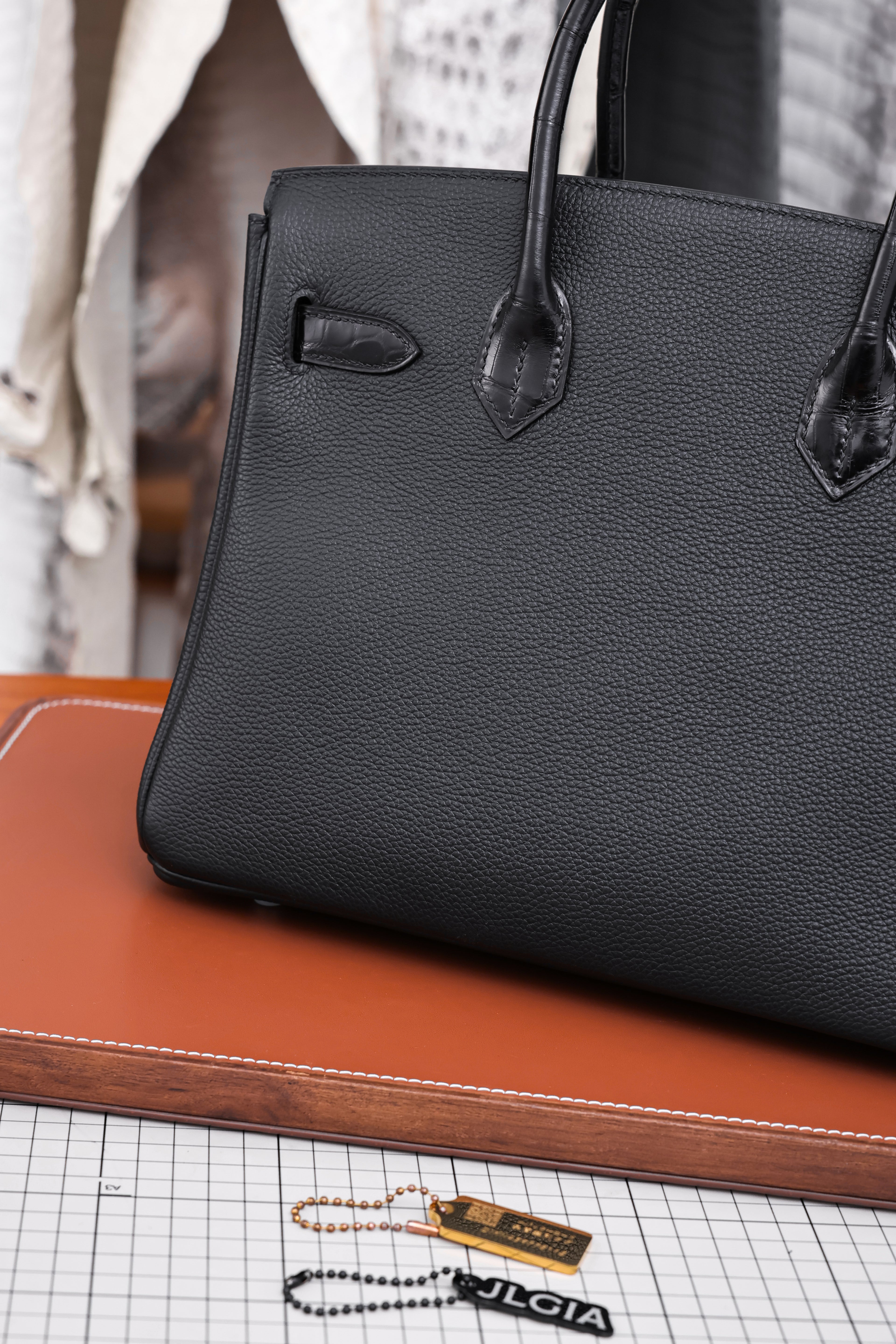 Birkin- All Handmade Golden / Sliver Noir Crocodile/togo leather