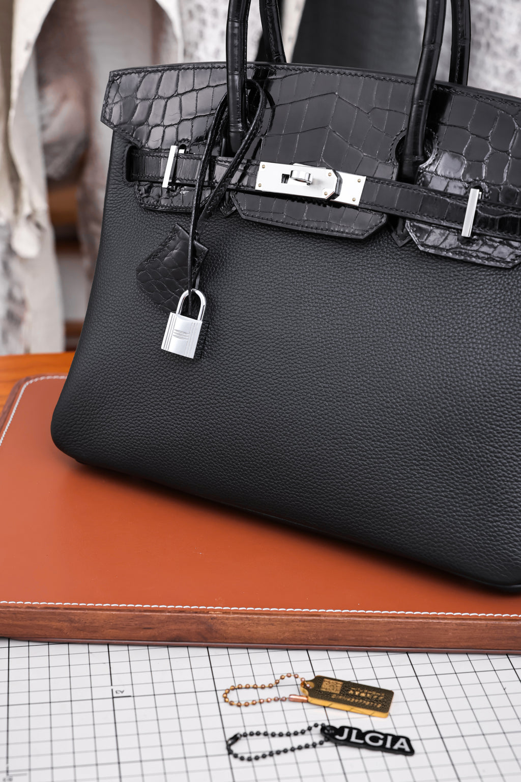 Birkin- All Handmade Golden / Sliver Noir Crocodile/togo leather