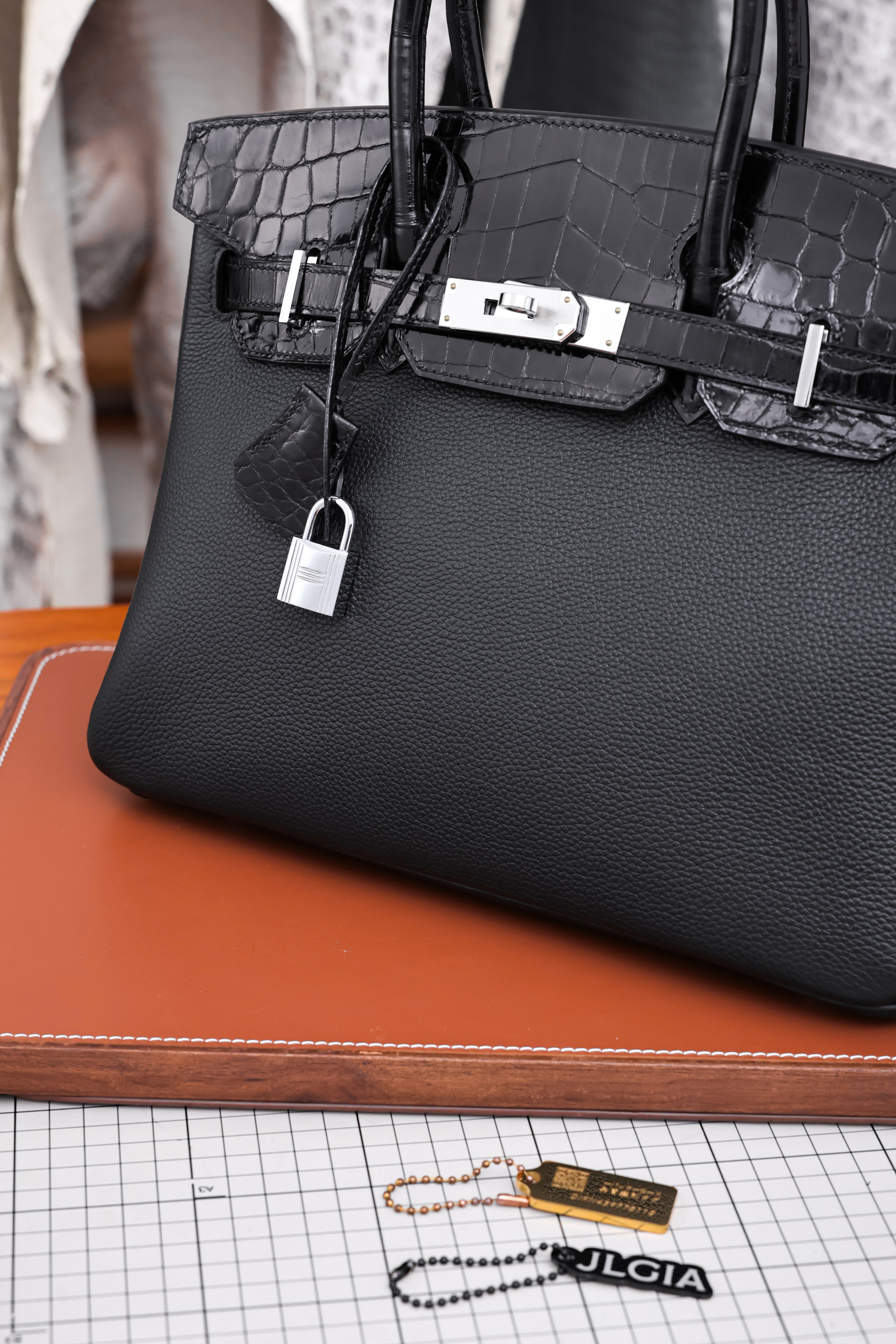 Birkin- All Handmade Golden / Sliver Noir Crocodile/togo leather