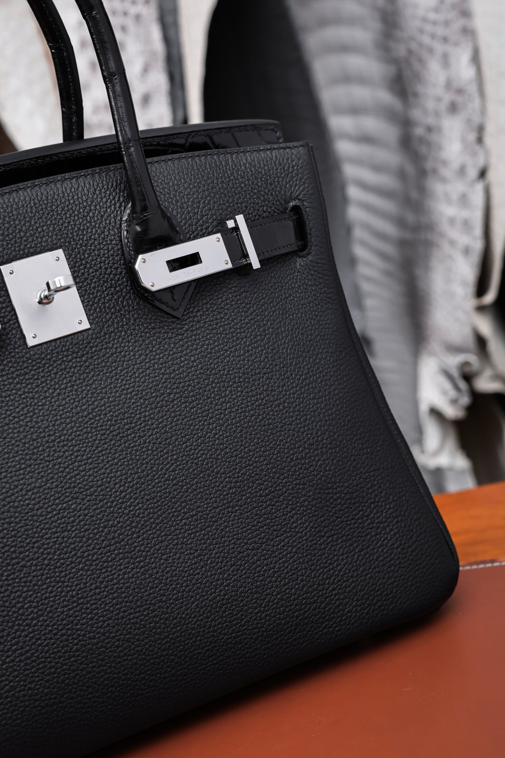 Birkin- All Handmade Golden / Sliver Noir Crocodile/togo leather