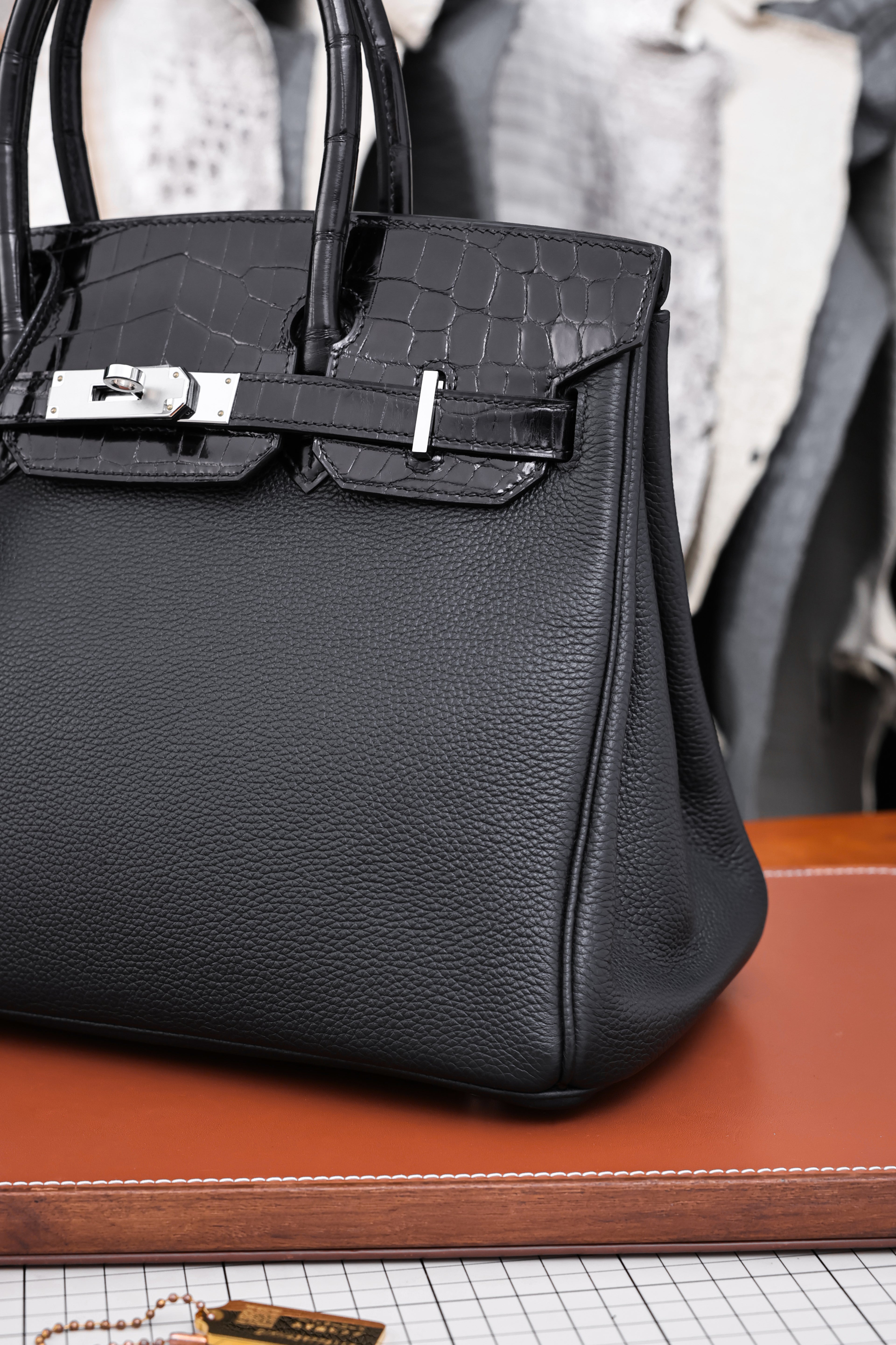 Birkin- All Handmade Golden / Sliver Noir Crocodile/togo leather