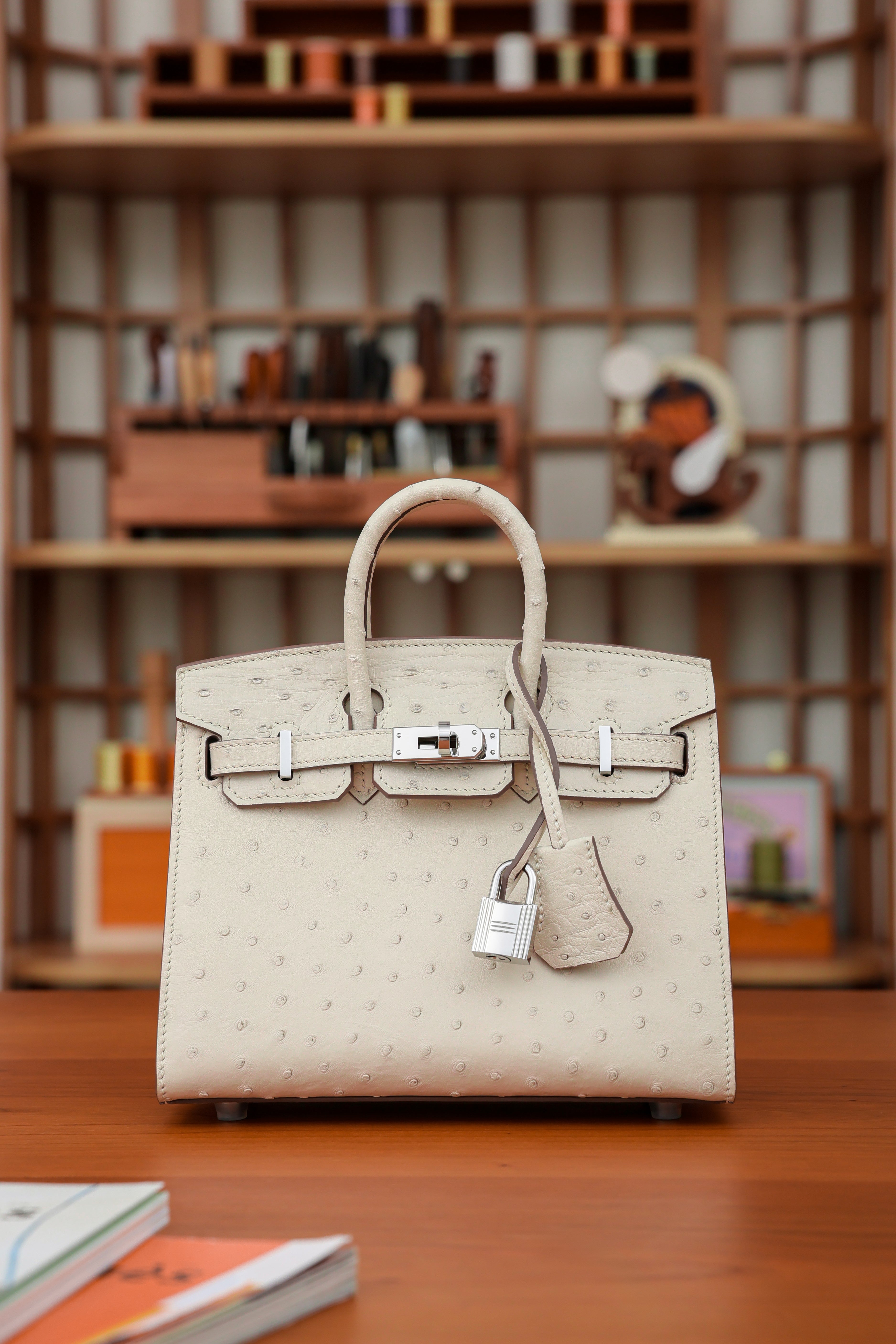 BK-2024 All Handmade Golden / Sliver Hardware Craie ostrich leather