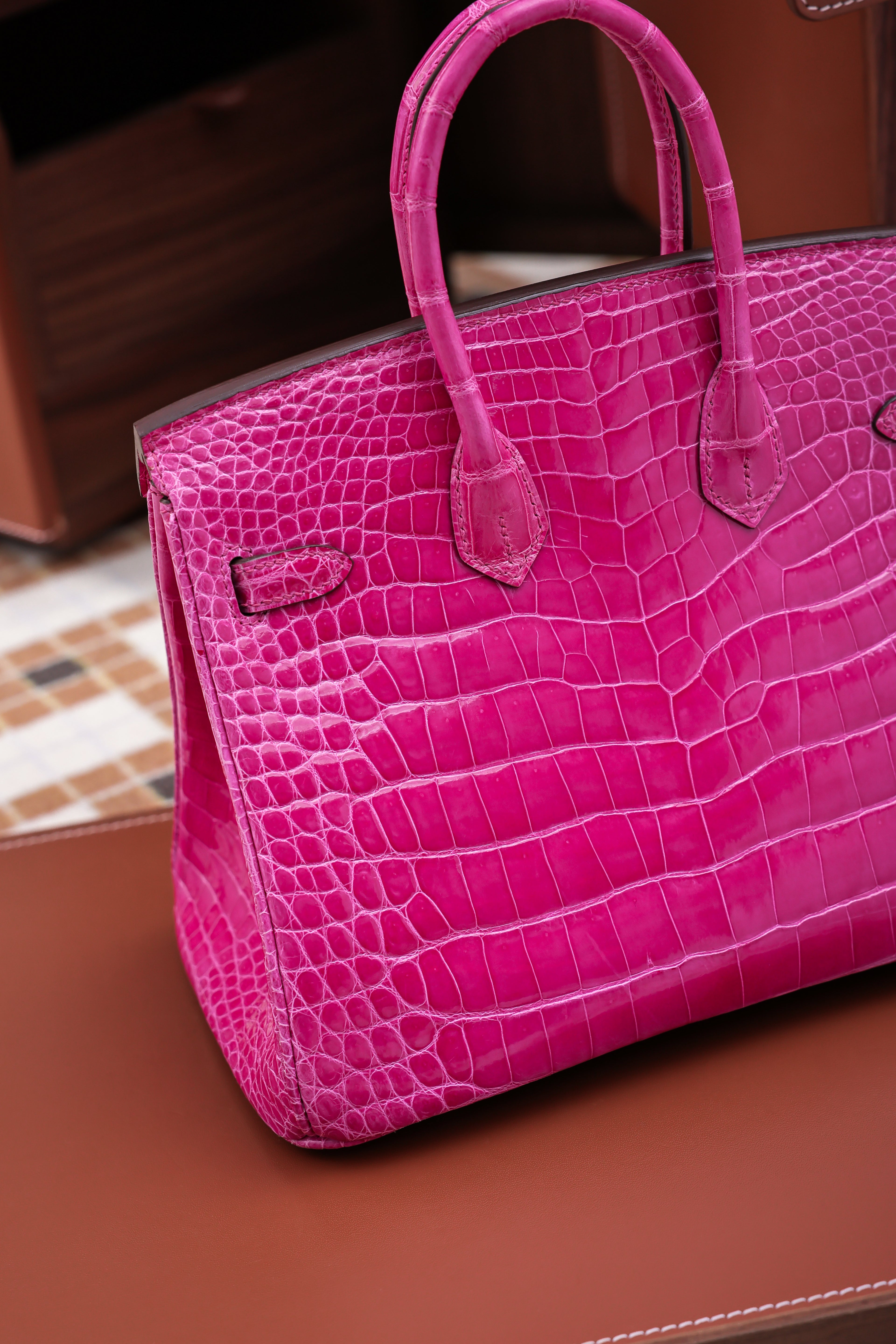BK-2024 All Handmade Golden / Sliver  Hardware Rose sheherzade Bright surface Porosus Crocodile leather