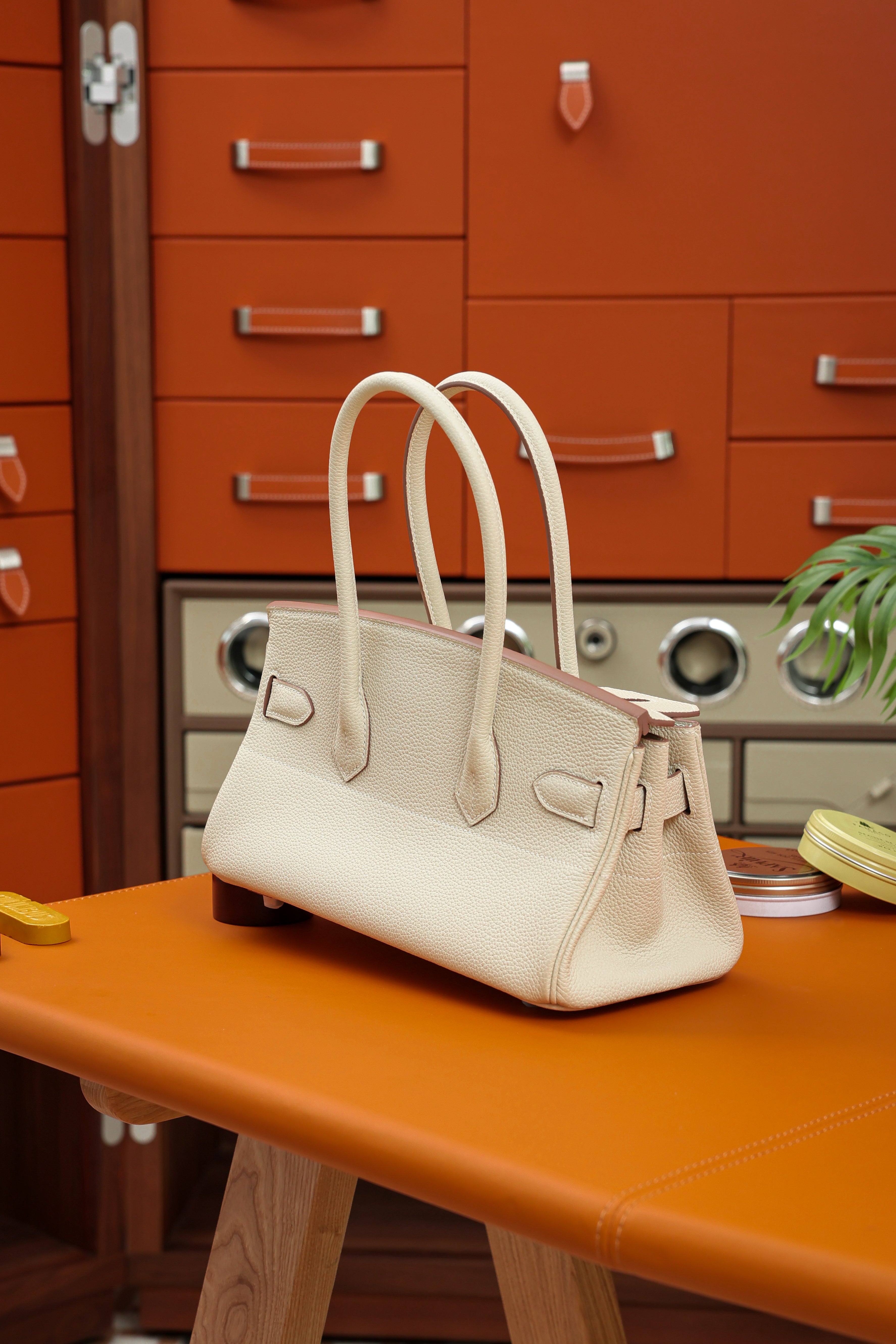 Birkin Shoulder- All Handmade Golden / Sliver Craie togo leather